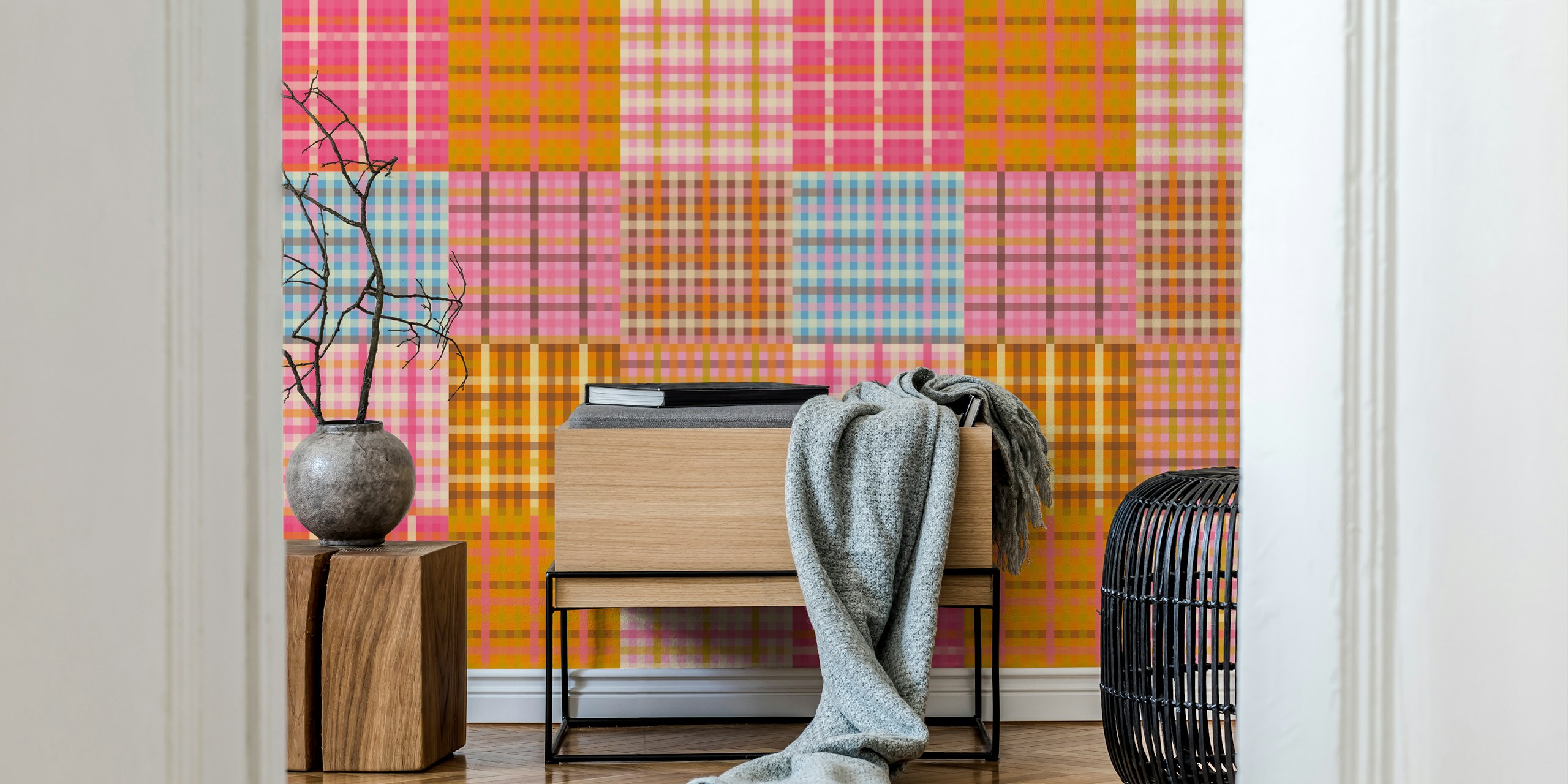 Pink gingham patchwork wallpaper design