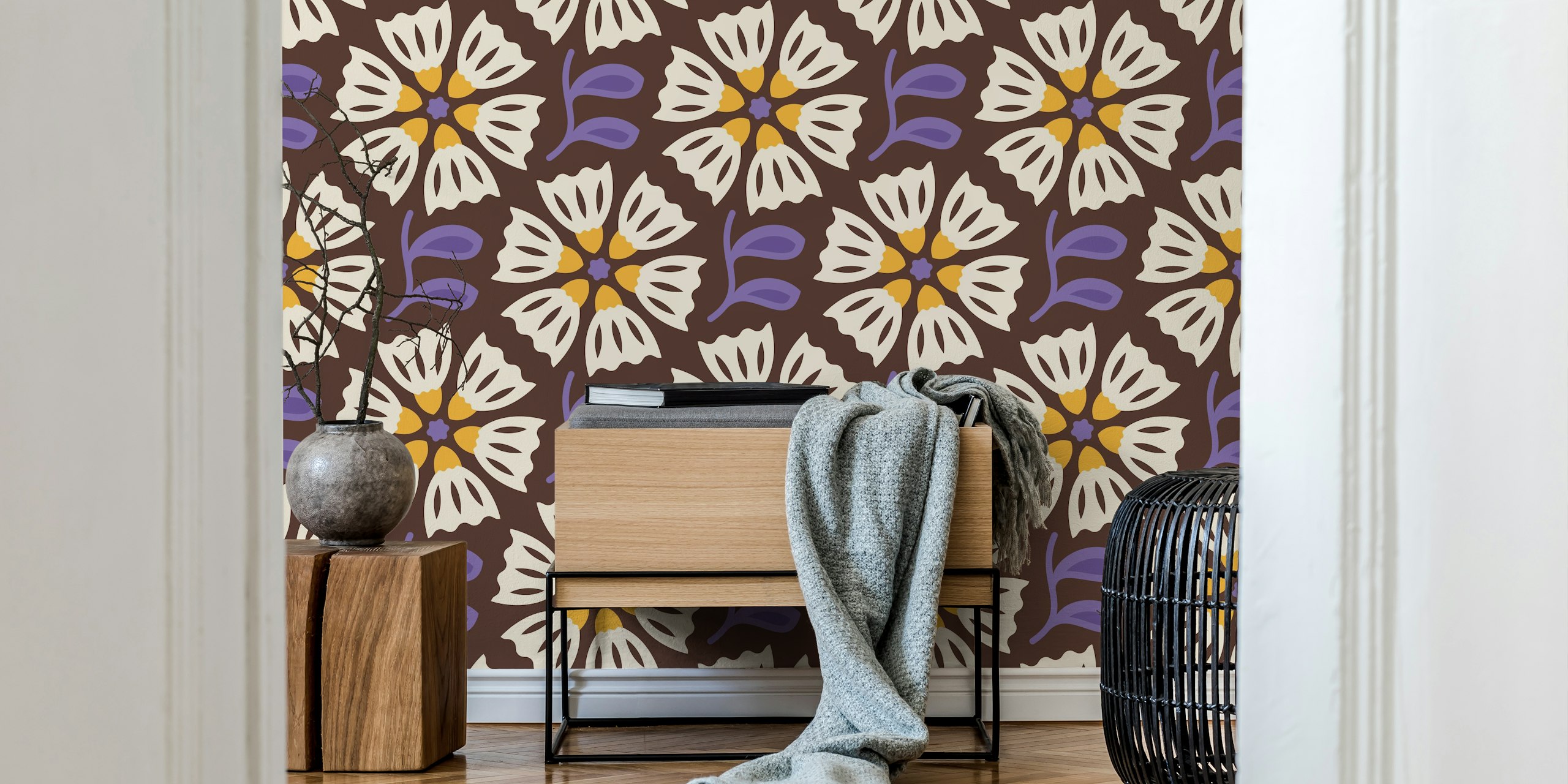 Retro Blossom Delight wallpaper σε μια διακοσμημένη αίθουσα