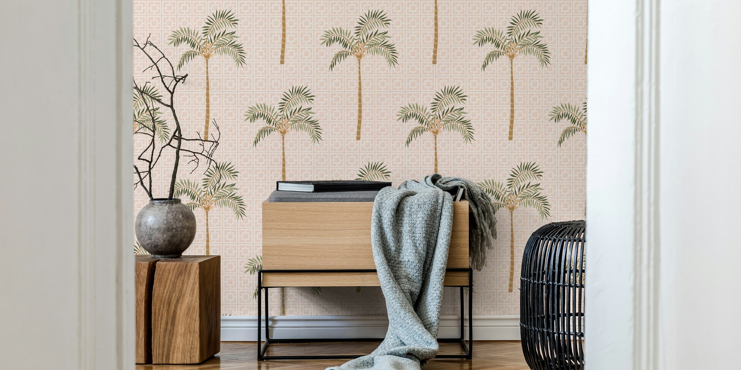 Geometric palm trees on blush pink background wallpaper