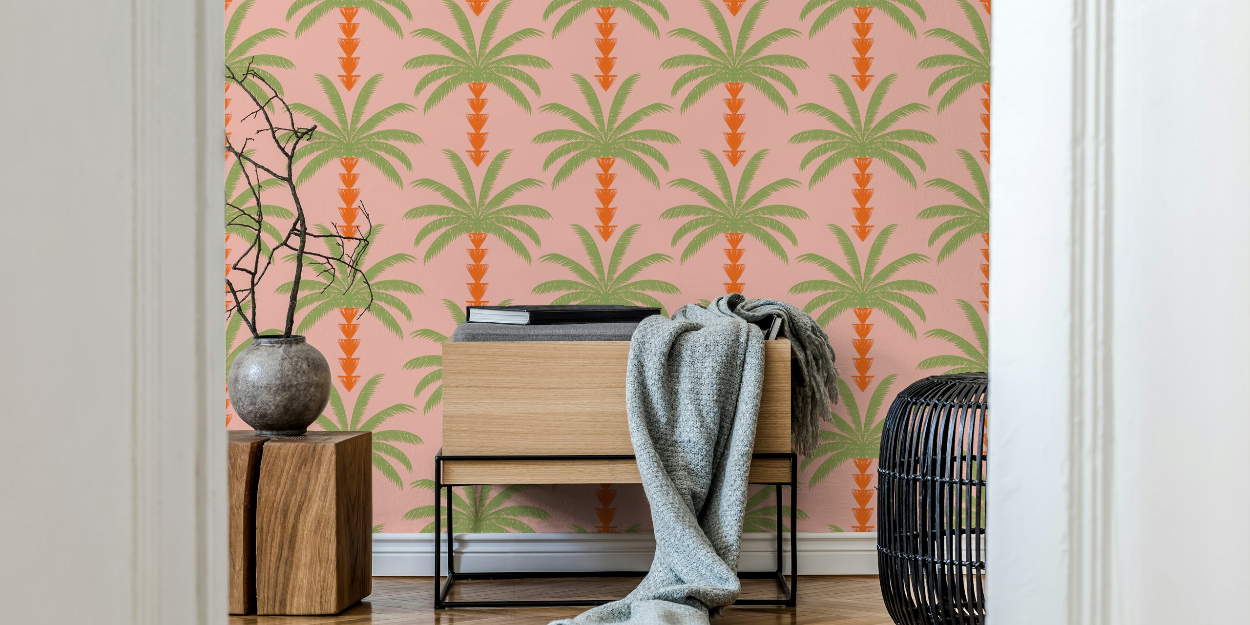 Farverig palm wallpaper på en pink baggrund