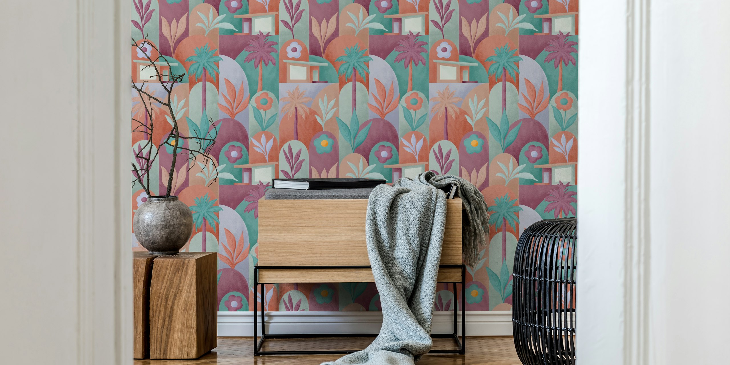 Tropical foliage and palm trees in earthy tones wallpaper