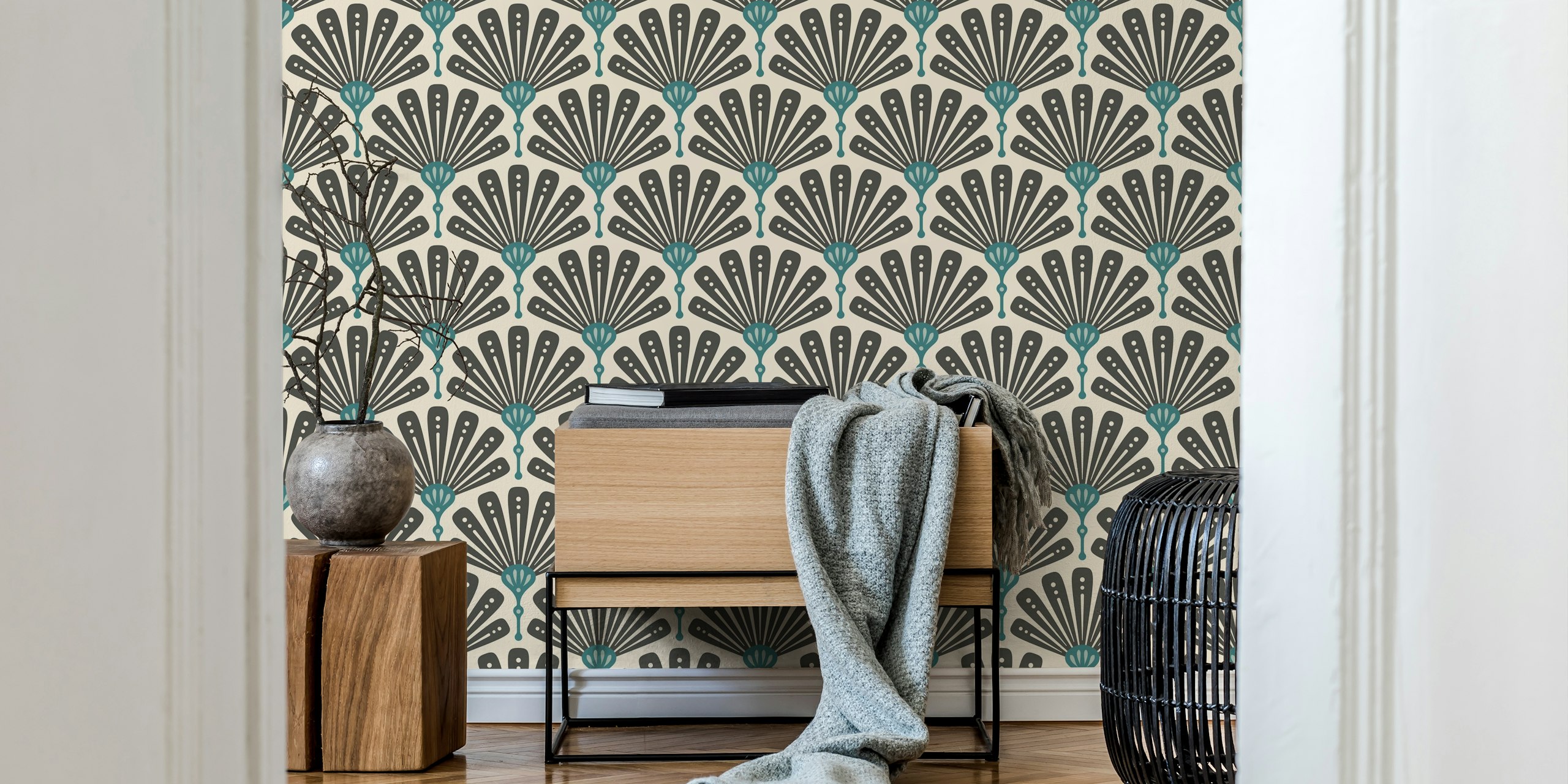 Art Deco scallop motif wallpaper in a room
