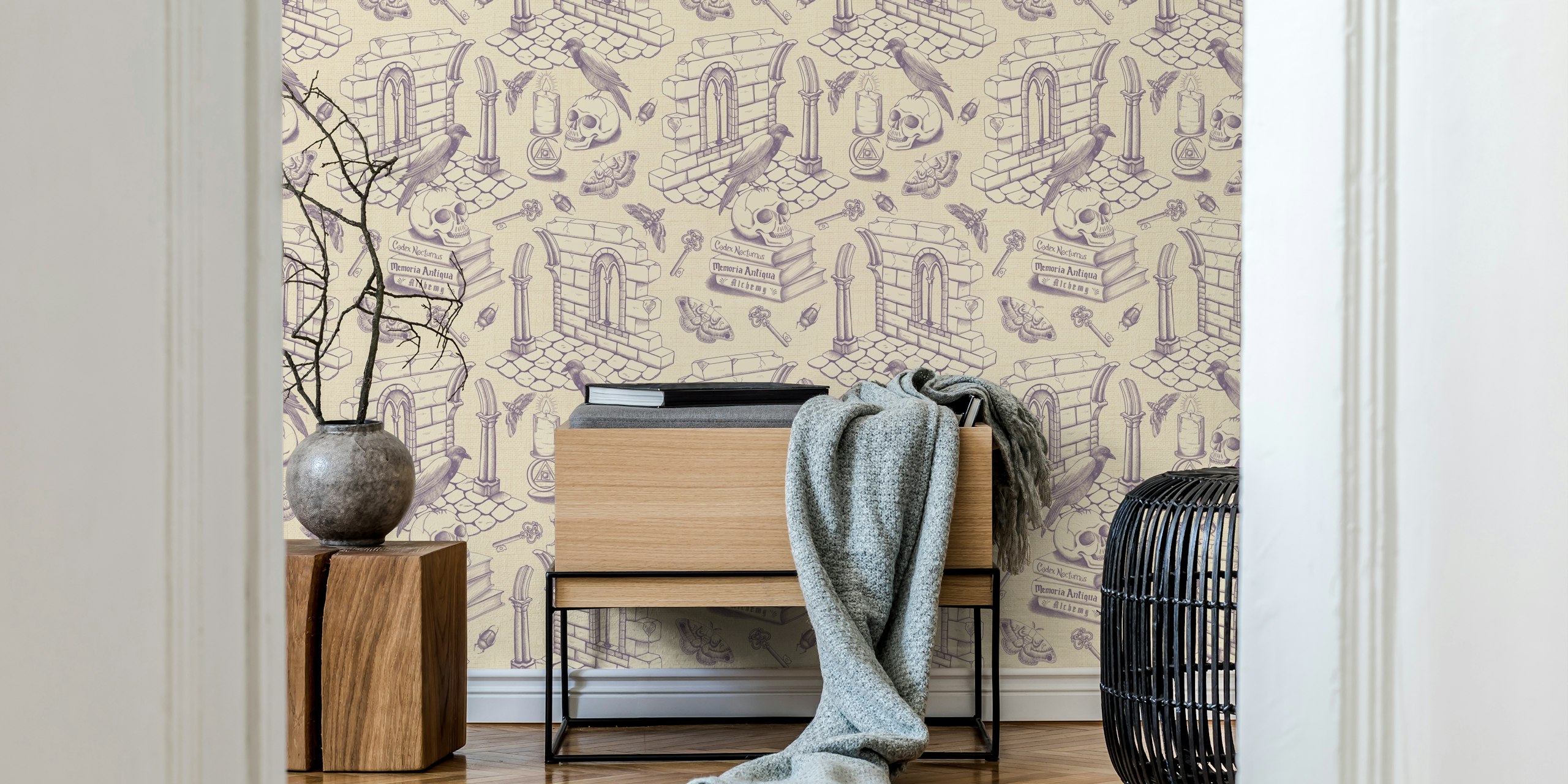 Dark academia motifs with grey purple tones wallpaper