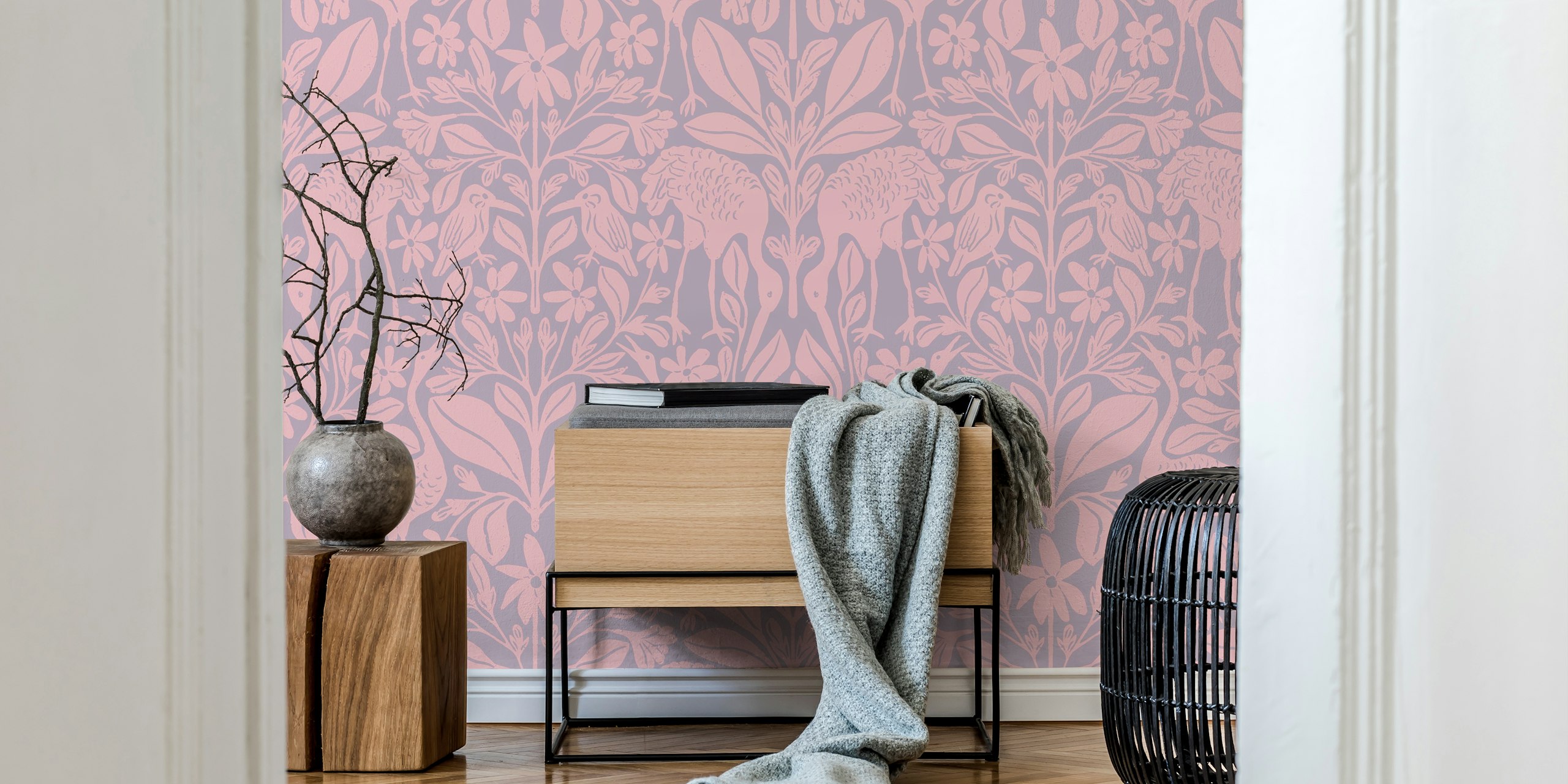 Asian Crane Pond wallpaper in a stylish room
