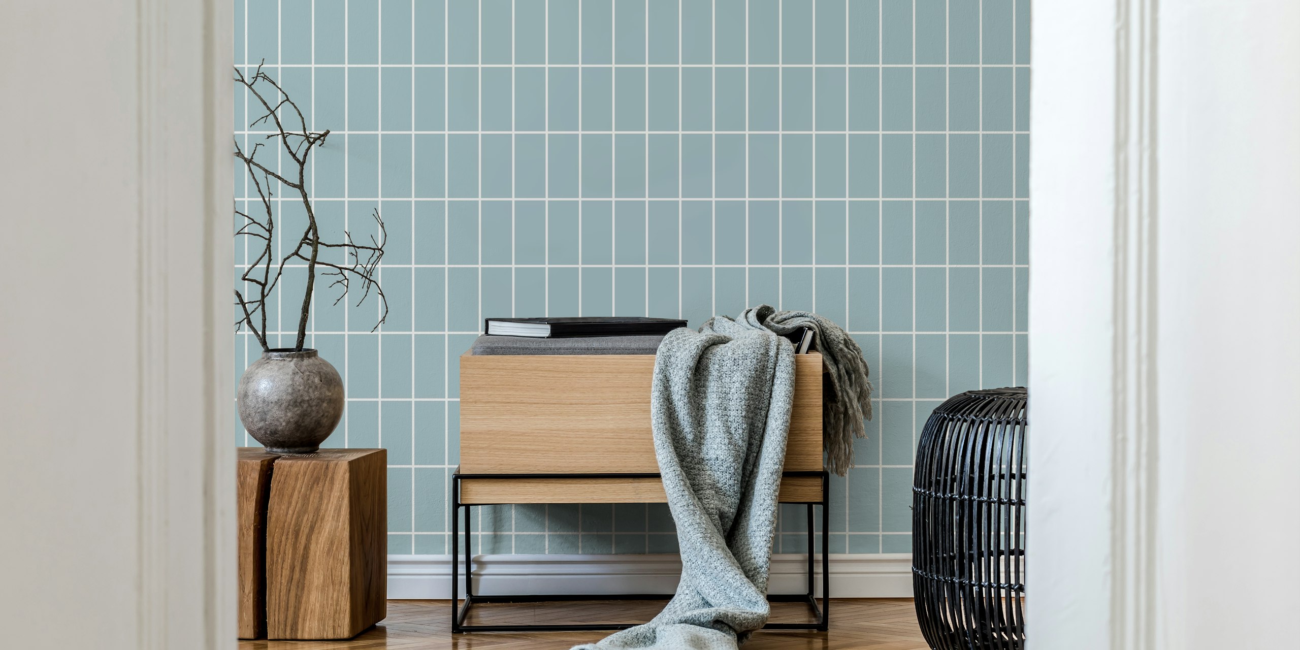 Scandi blue and white tile wallpaper in a room