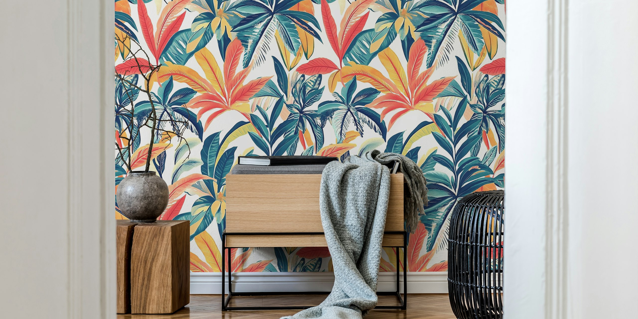 Colorful tropical leaves in red, green, and yellow wallpaper