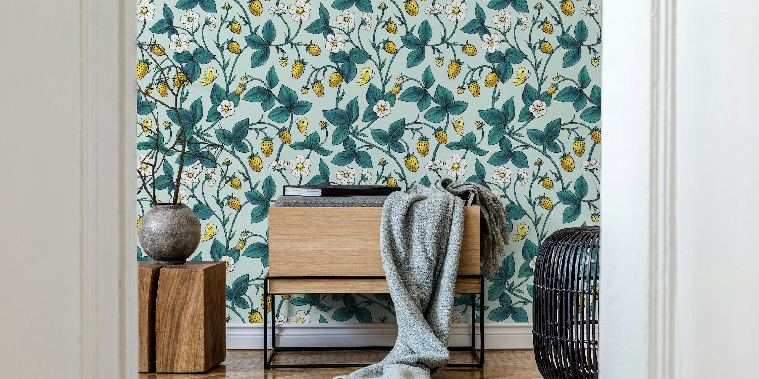 Wild roses and butterflies wallpaper in a room