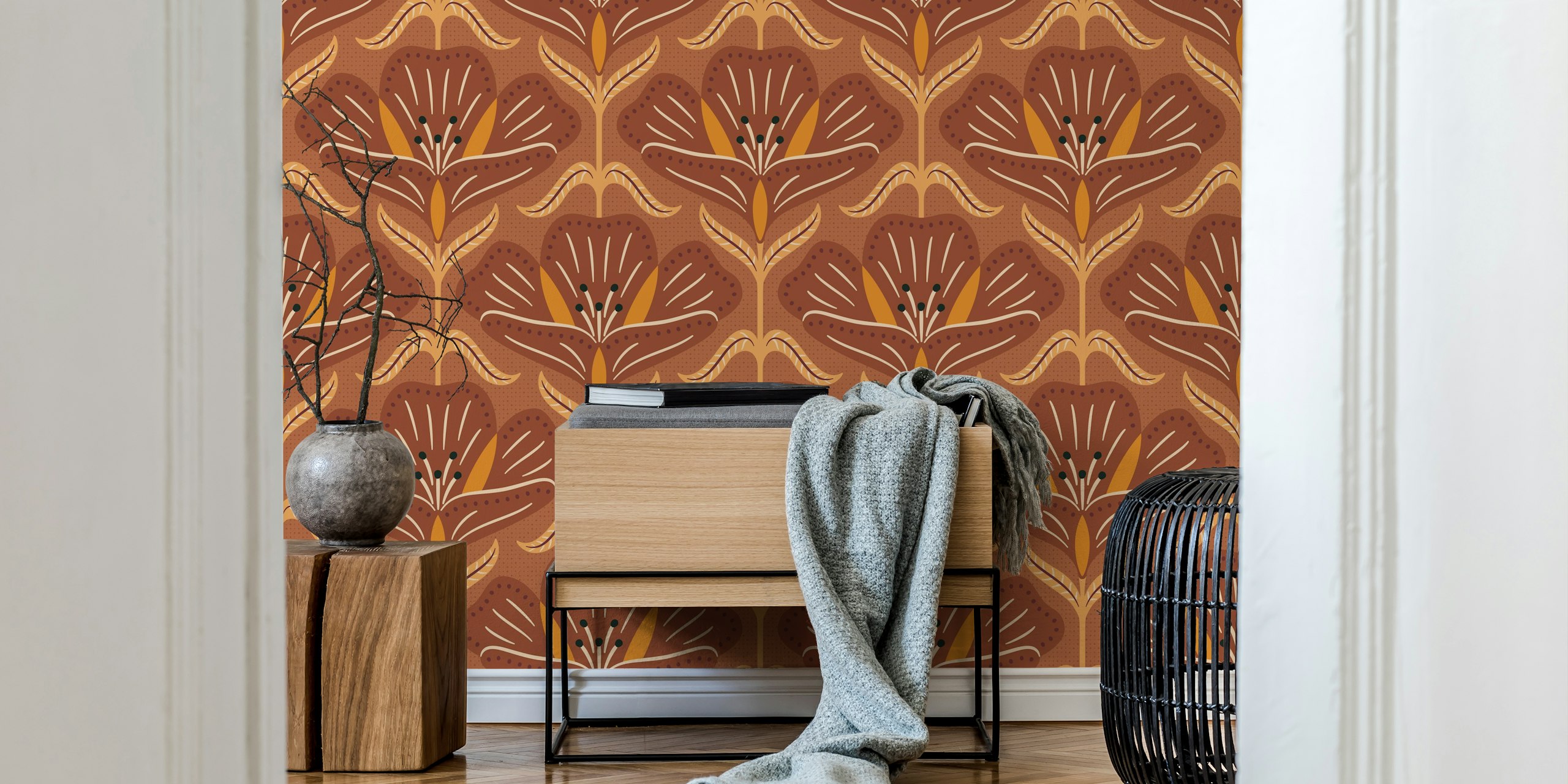 Rusty brown floral pattern wallpaper with vibrant orange accents.