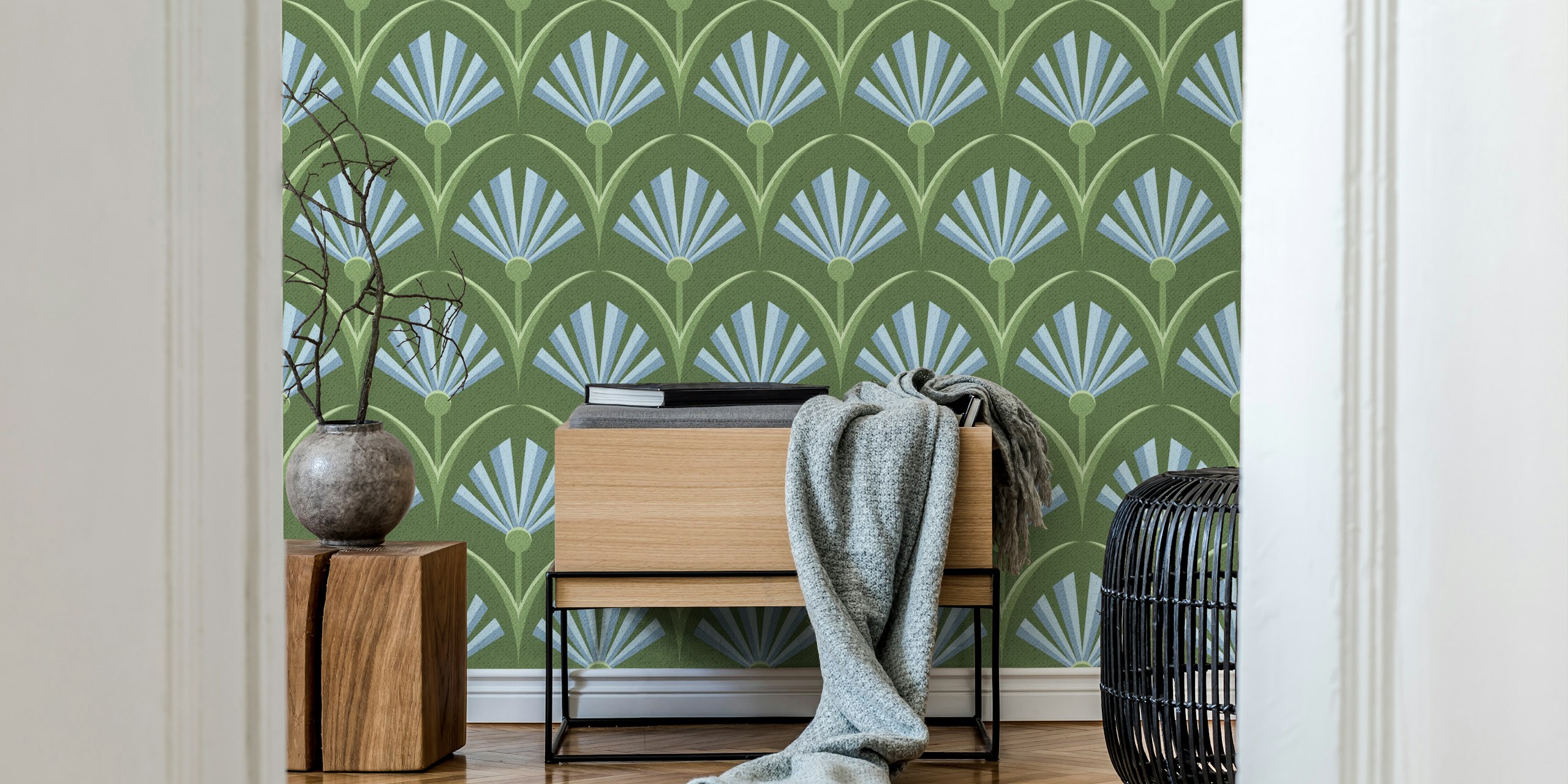 Retro floral fan pattern in blue and green wallpaper