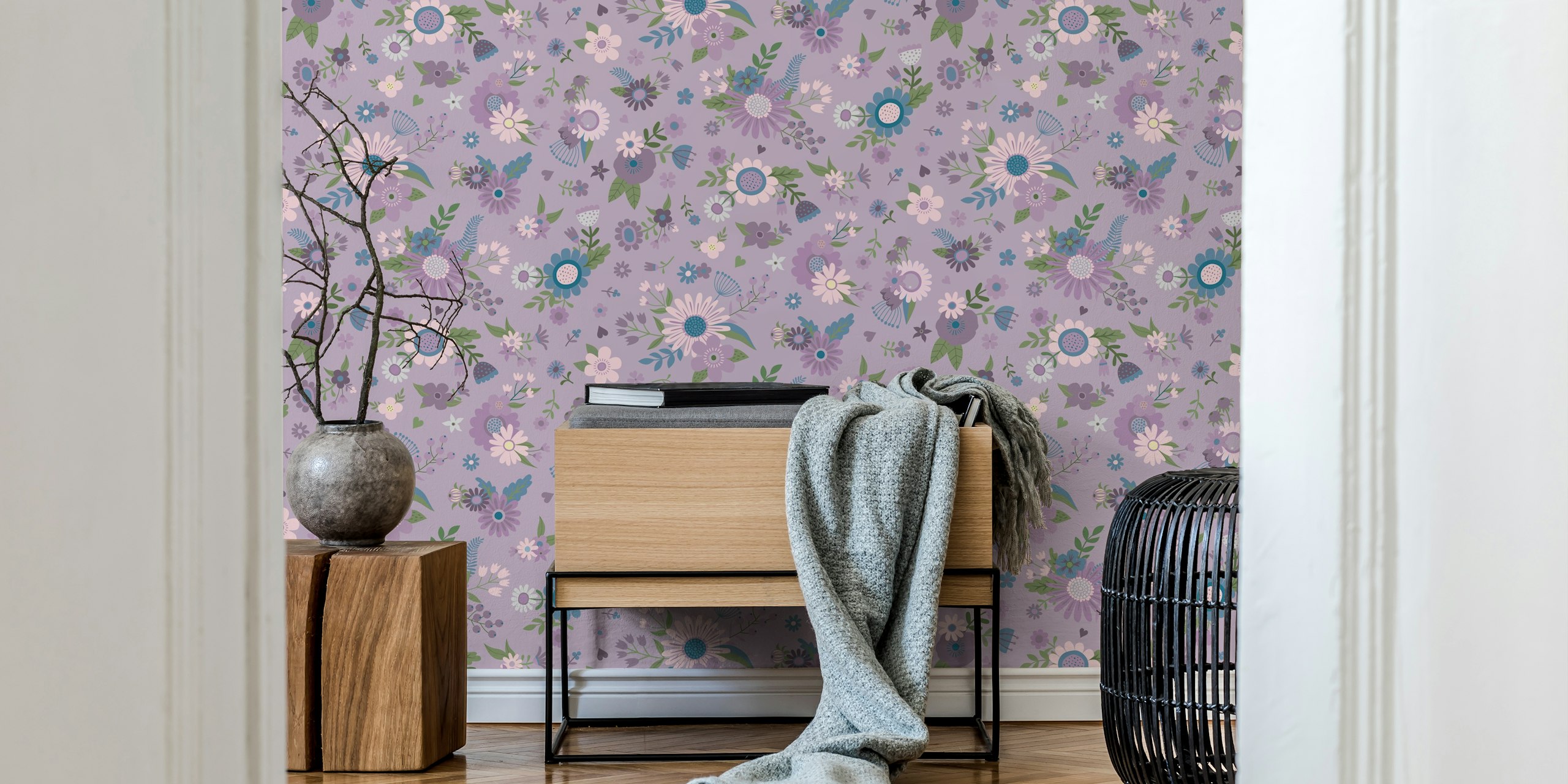 Lavender and blue flowers on mauve background wallpaper