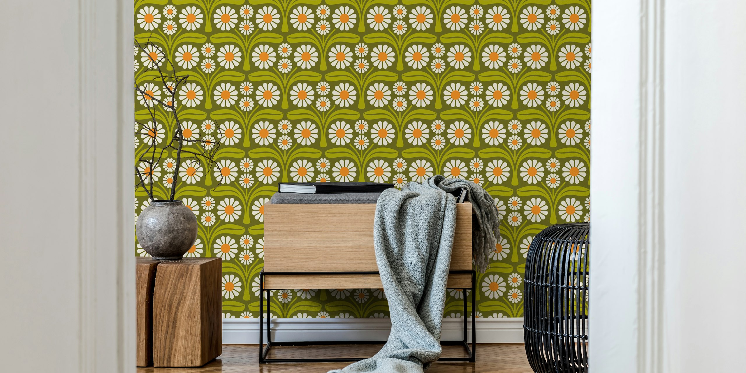 Retro floral design with large daisies in green and orange wallpaper