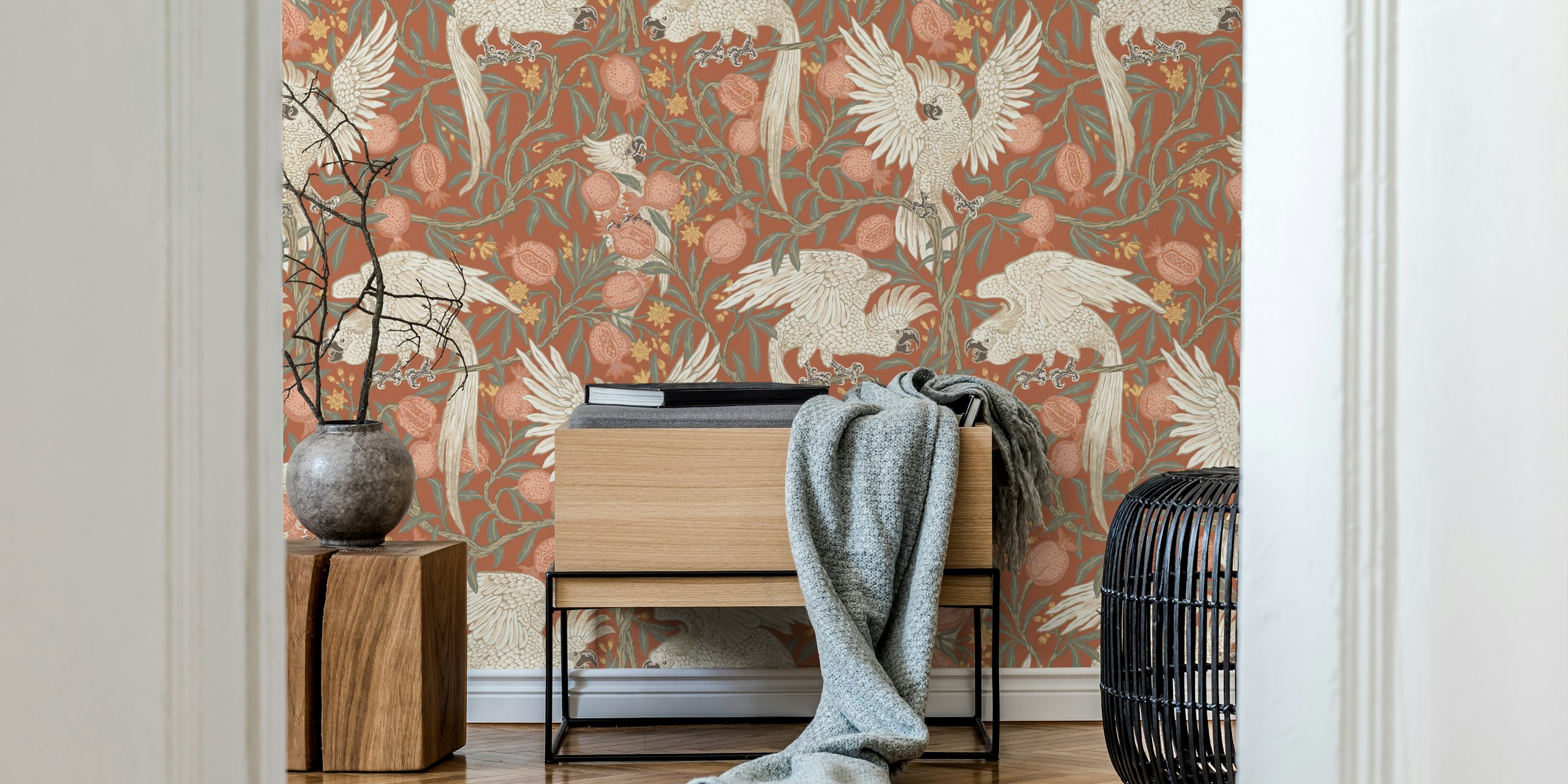 Cockatoo und Pomegranate in Terracotta, florales Design, detailreiche Tapete