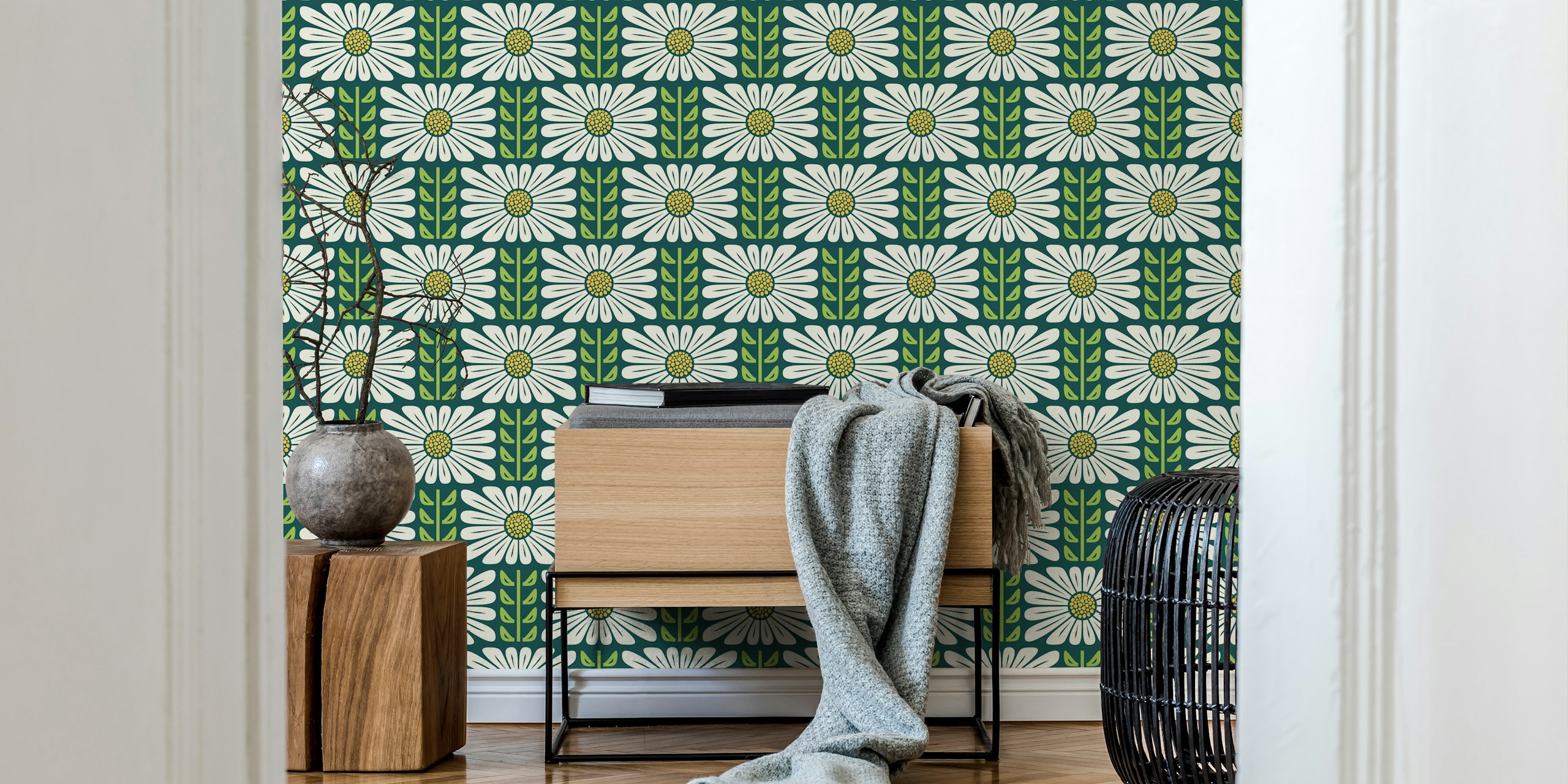 Retro Chic Flowers in Green wallpaper design