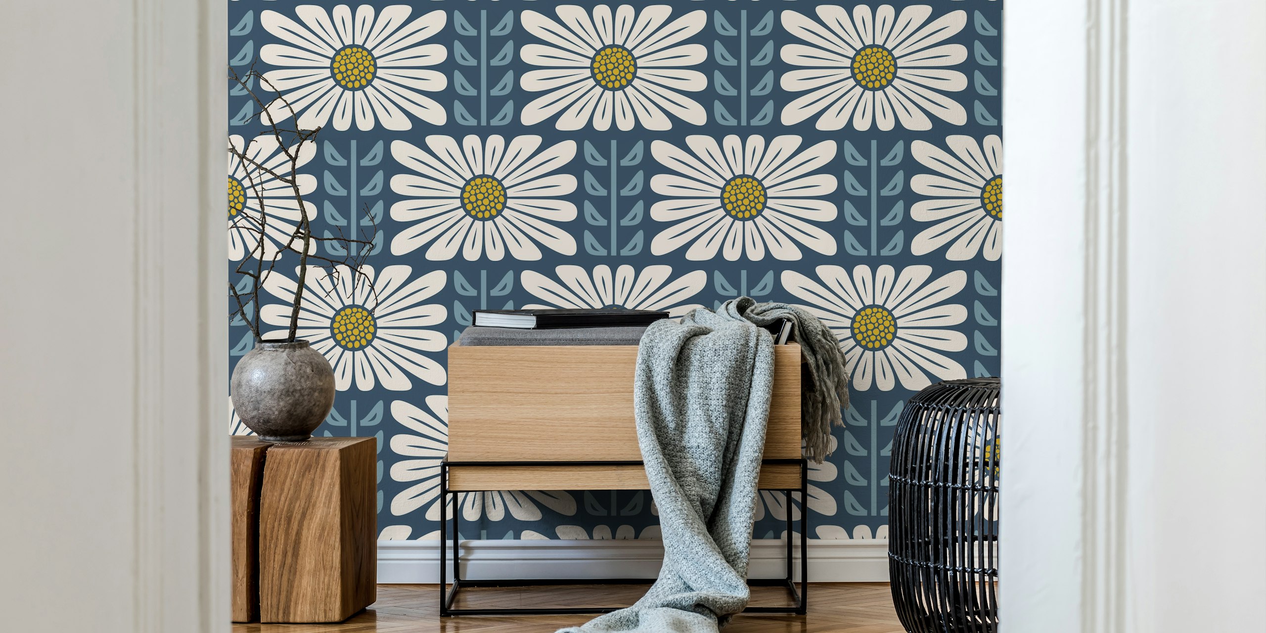 Large white floral patterns on blue background wallpaper