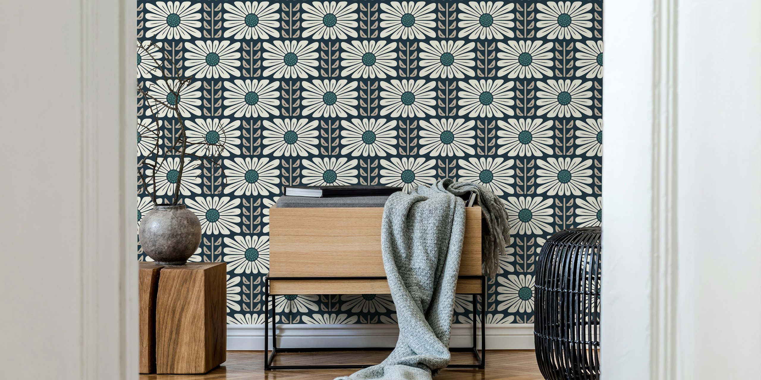 Retro Chic Flowers in Gray Green wallpaper design