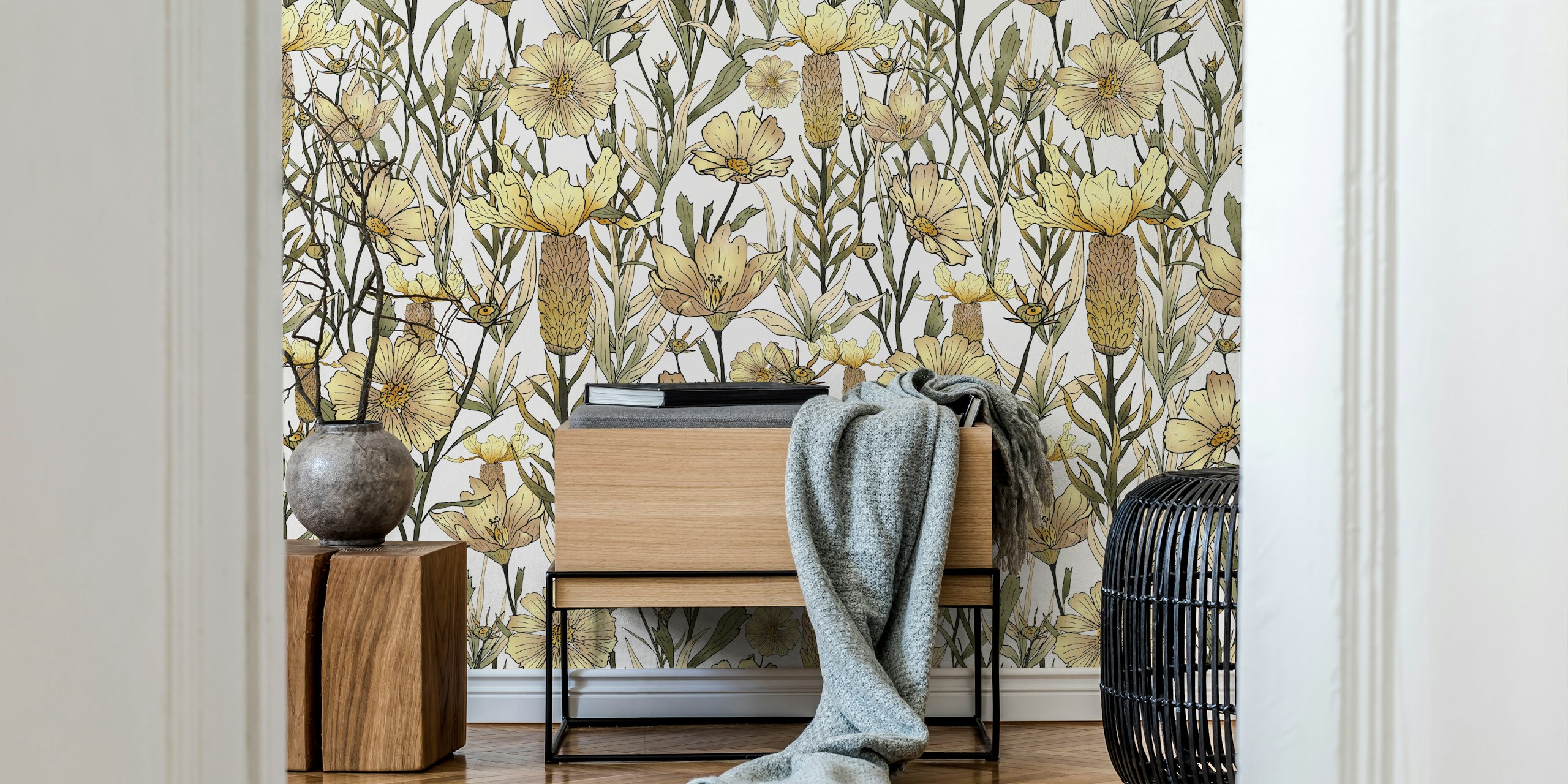 Vintage floral white wallpaper with hand-drawn flowers and green stems