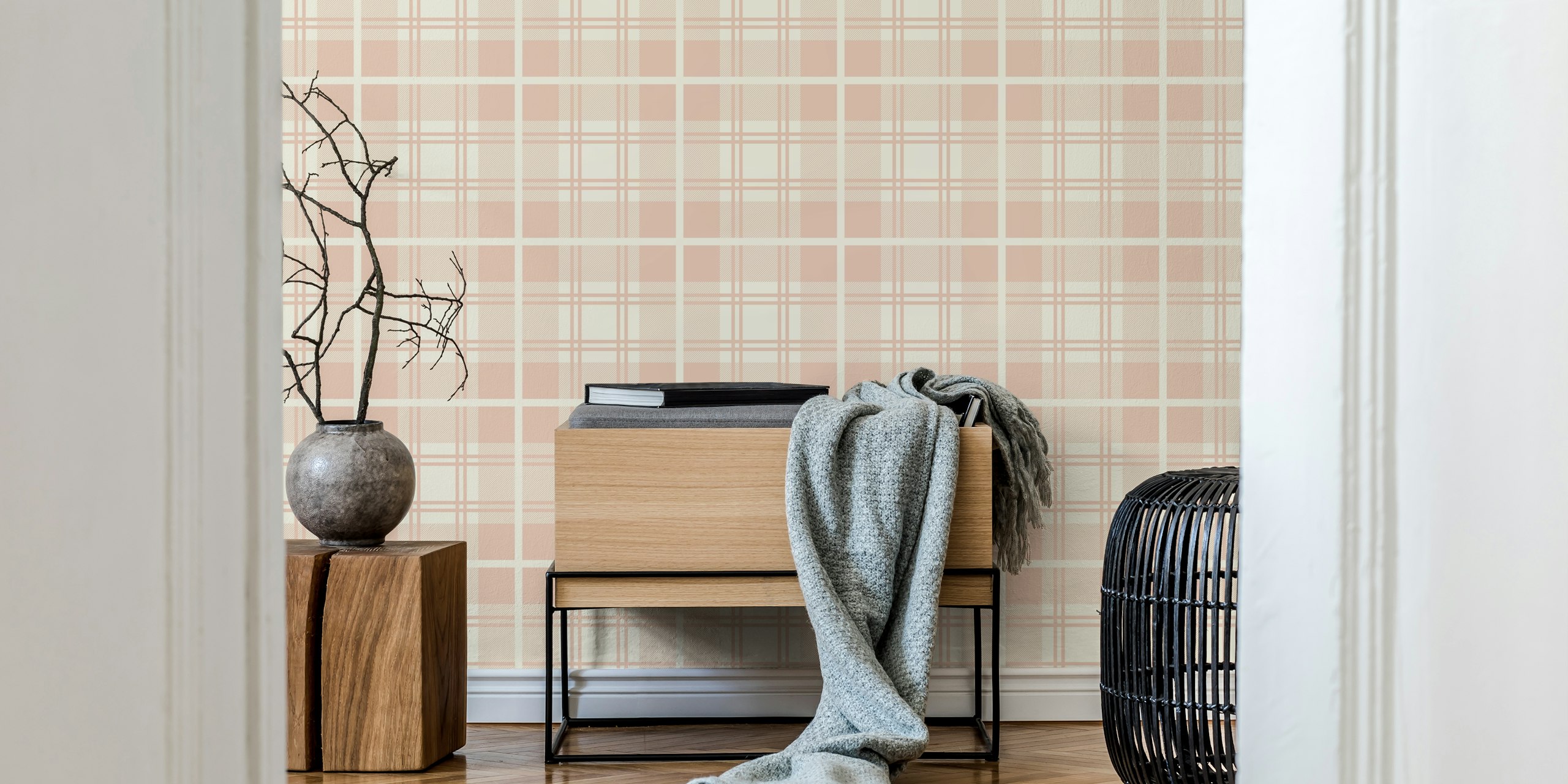 Cream Tartan Check Plaid wallpaper in a room