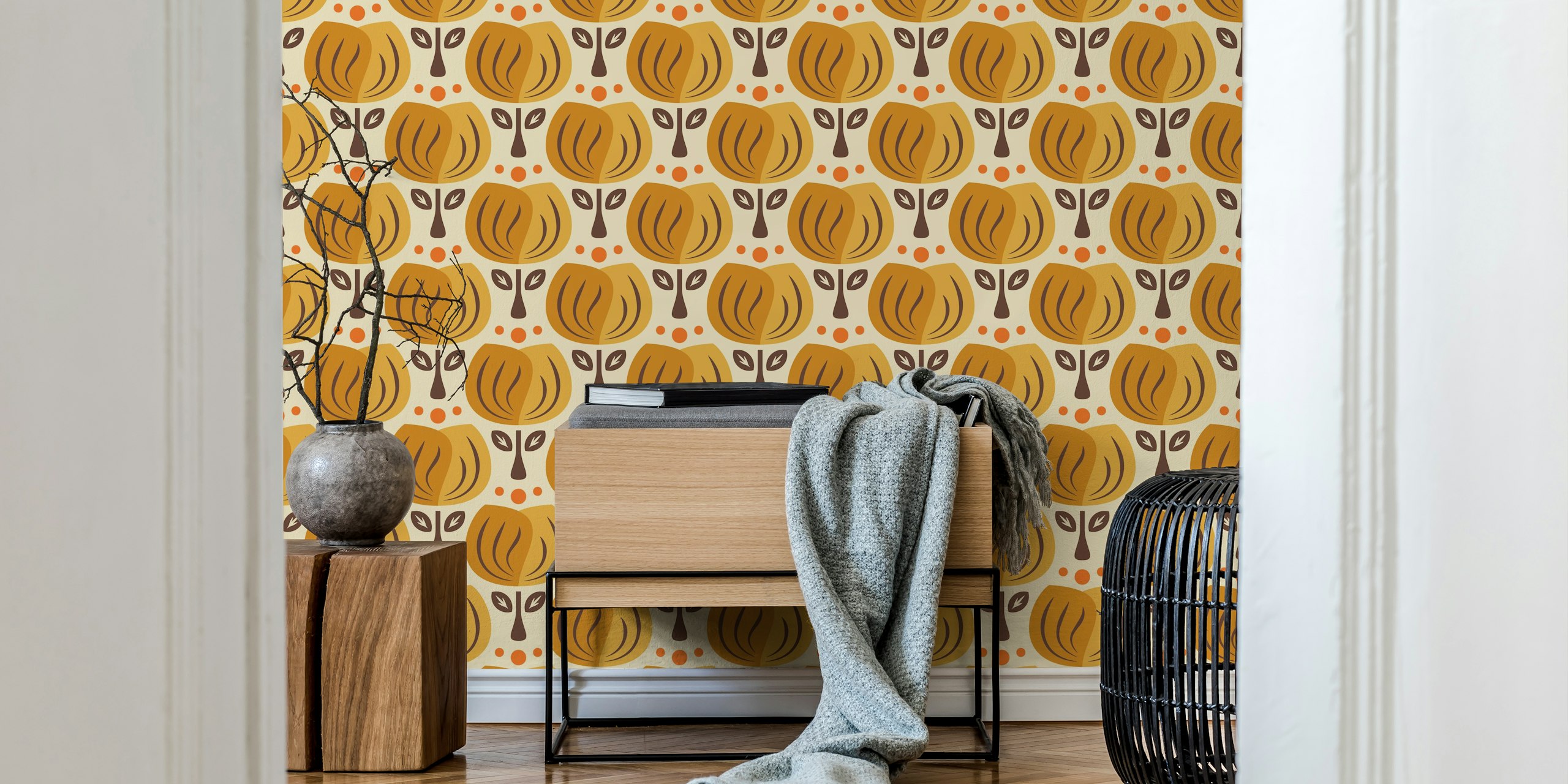 Yellow retro tulip patterned wallpaper with leaves and orange dots