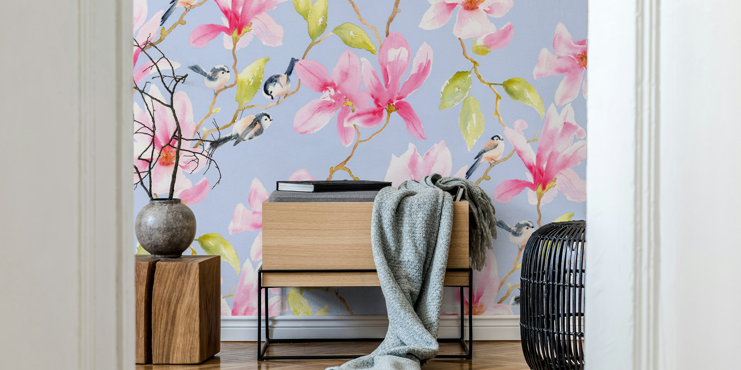 Bright pink flowers with birds on a sky blue background wallpaper