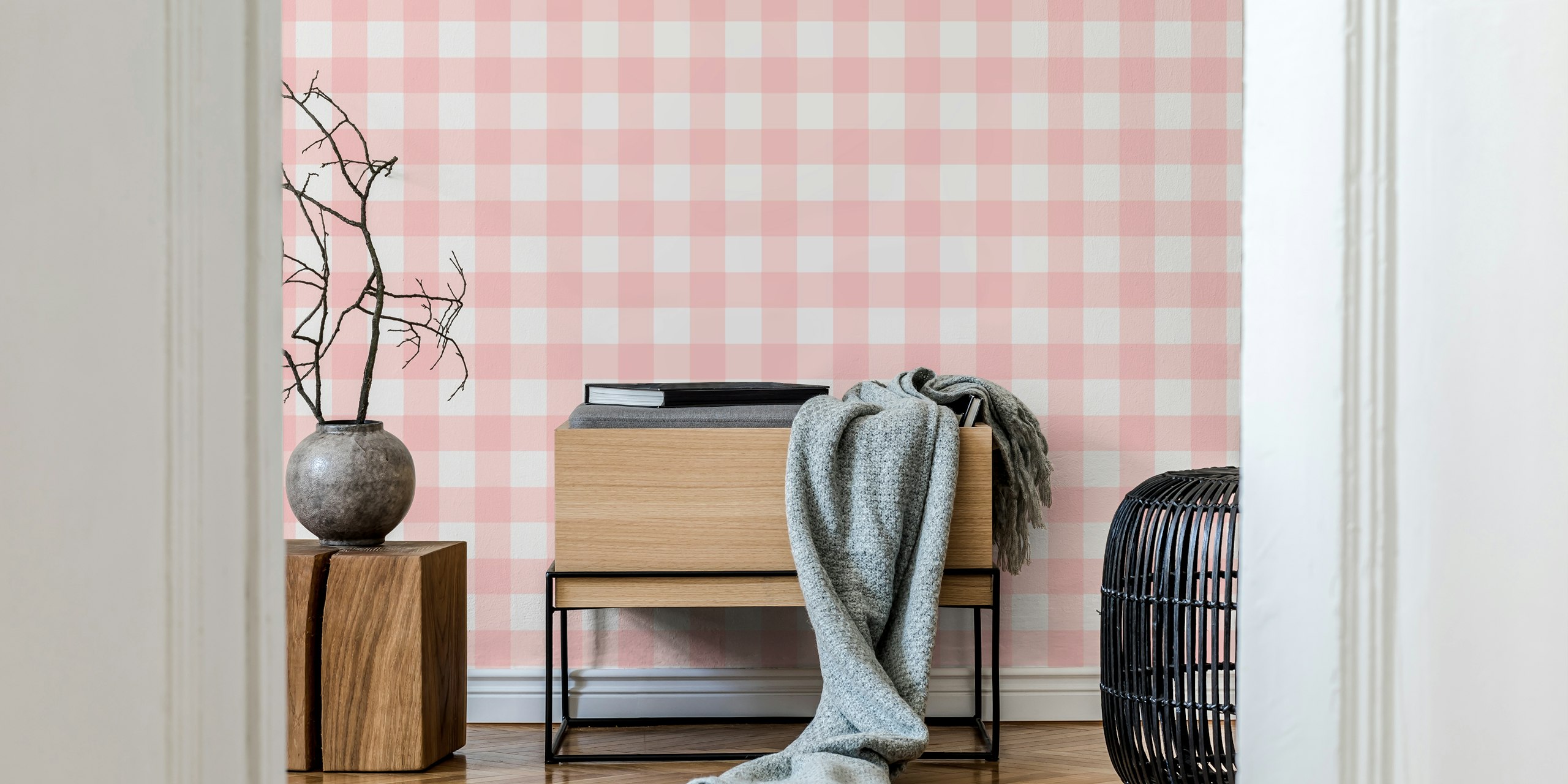 Gingham pattern wallpaper in warm rose pink and white color.