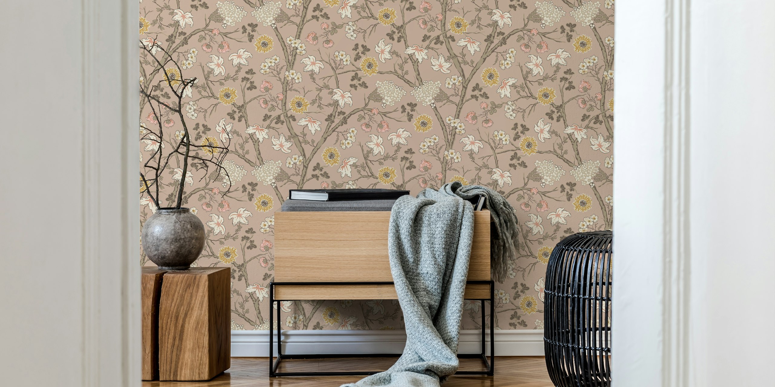 Floral wallpaper design in a room