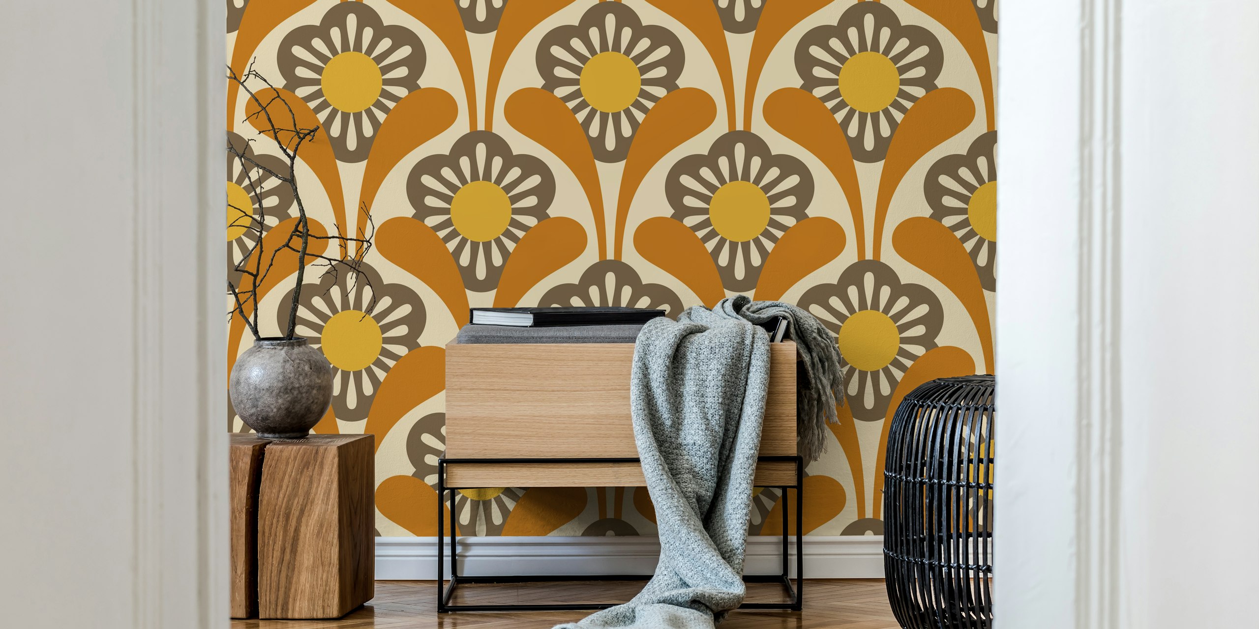 Mid-century floral patterns in orange and brown wallpaper