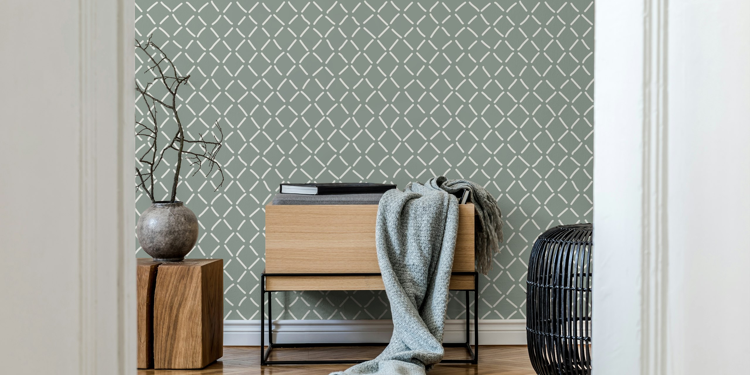 Sage green irregular diamond stich wallpaper i et rum