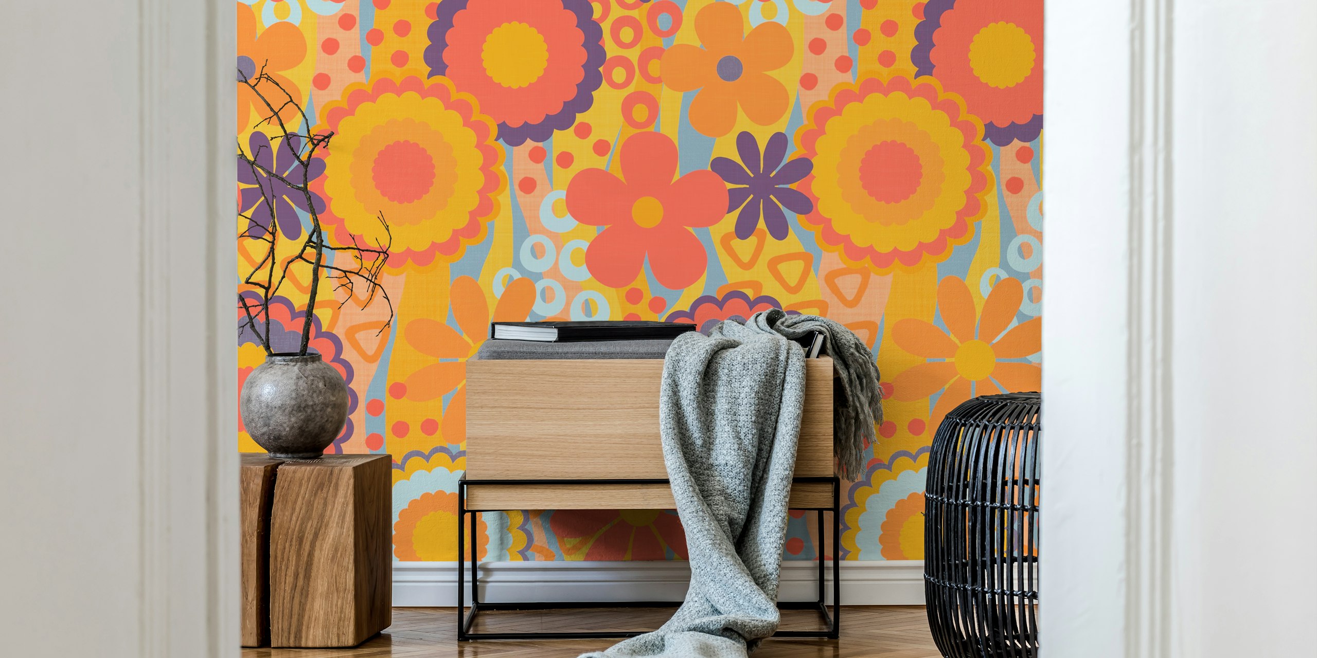 Colorful 70s flower pattern wallpaper in a room