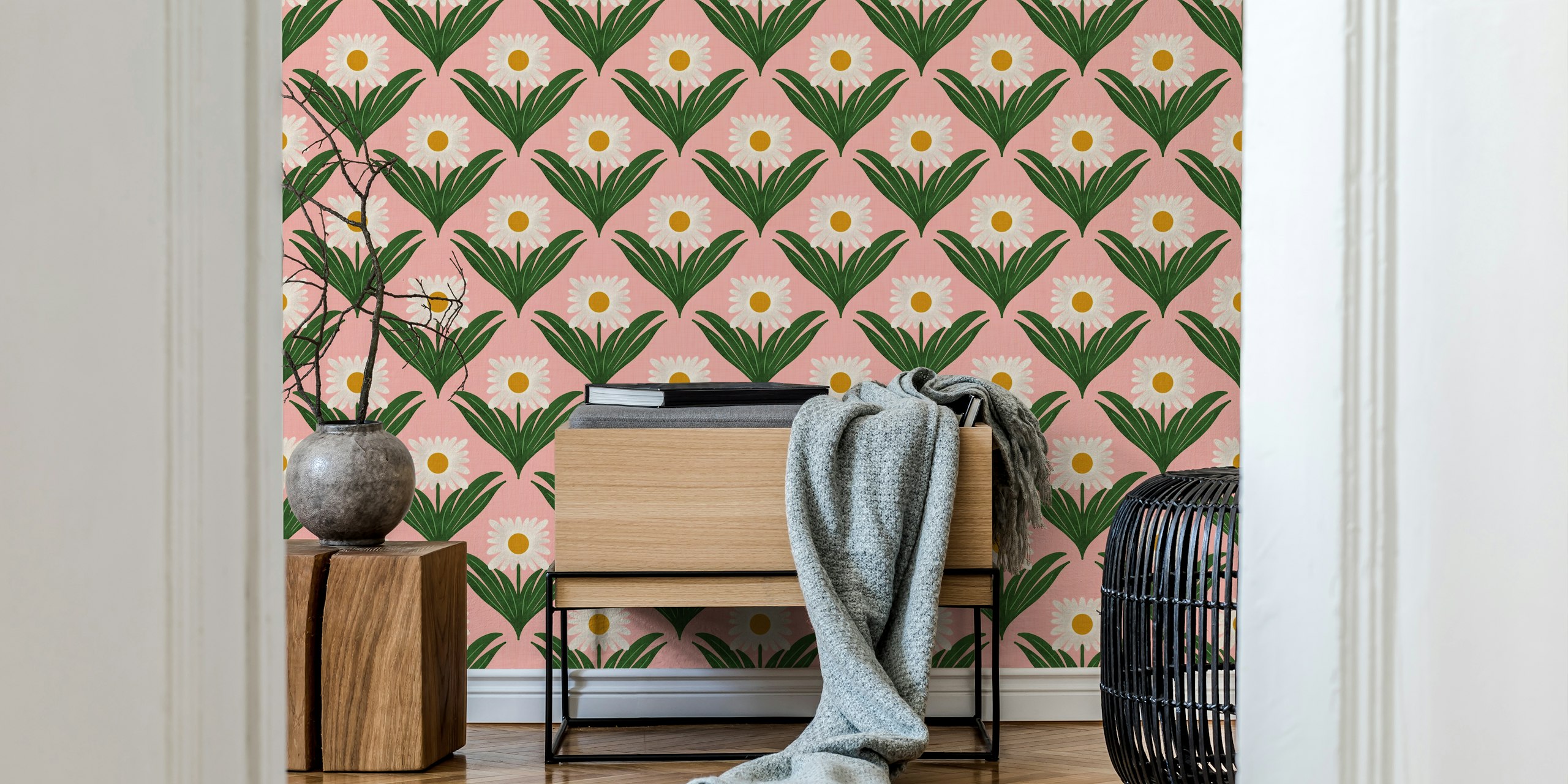 Vintage daisy flowers with green leaves on pink wallpaper