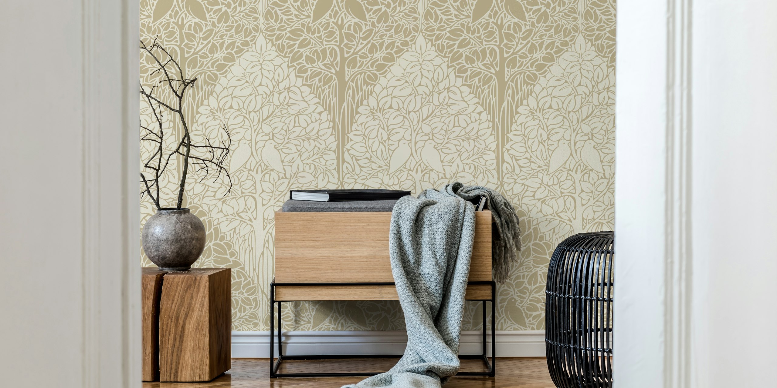 Birds and trees in beige tones inspired wallpaper