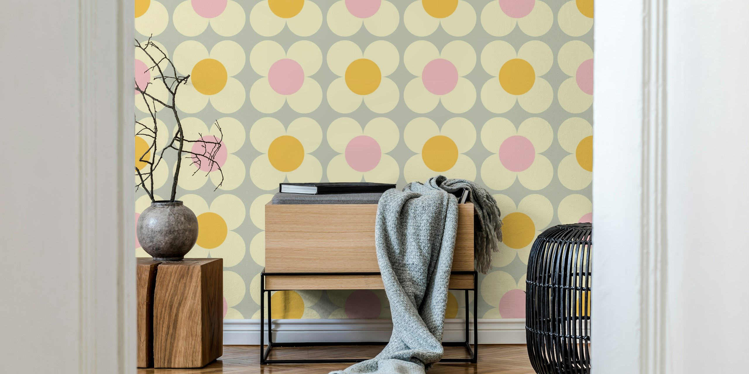 Retro floral pink yellow wallpaper featuring large rounded flowers.