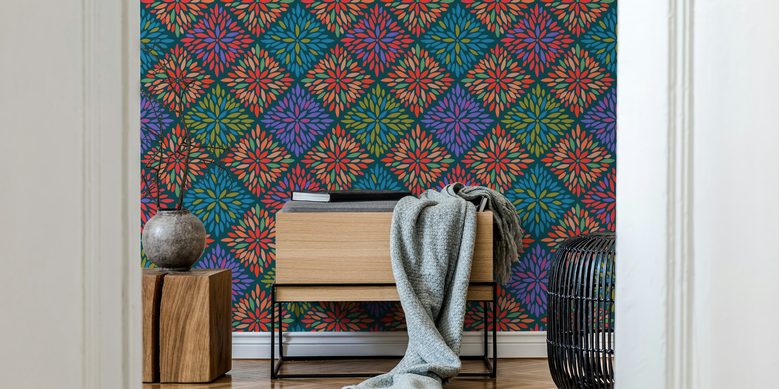 Colorful floral patterns in jewel tones on dark background wallpaper