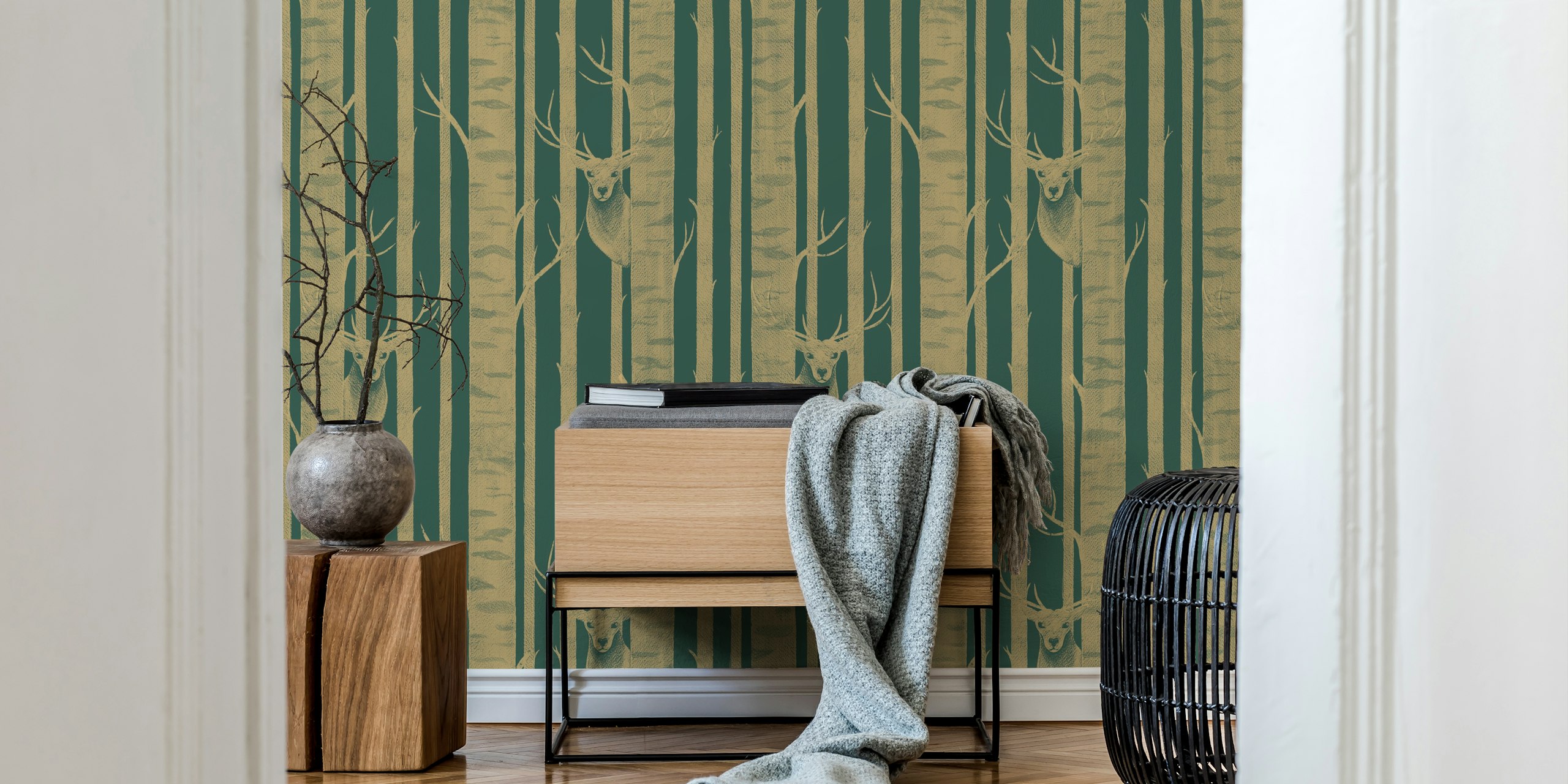 Deer in the Trees Dark Green wallpaper in room