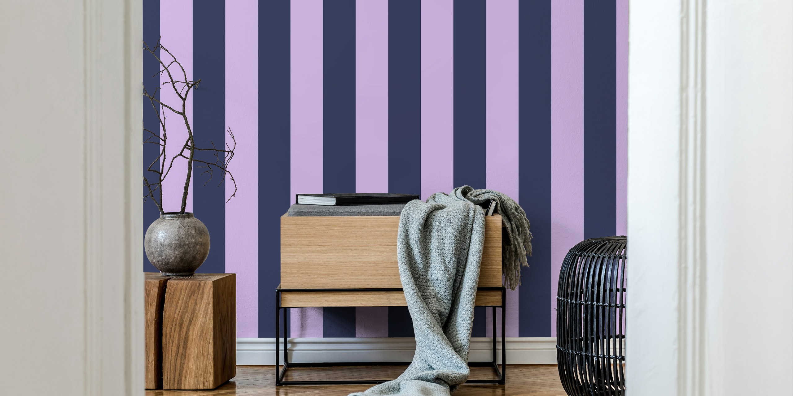 Lilac and navy blue awning stripe wallpaper in a room