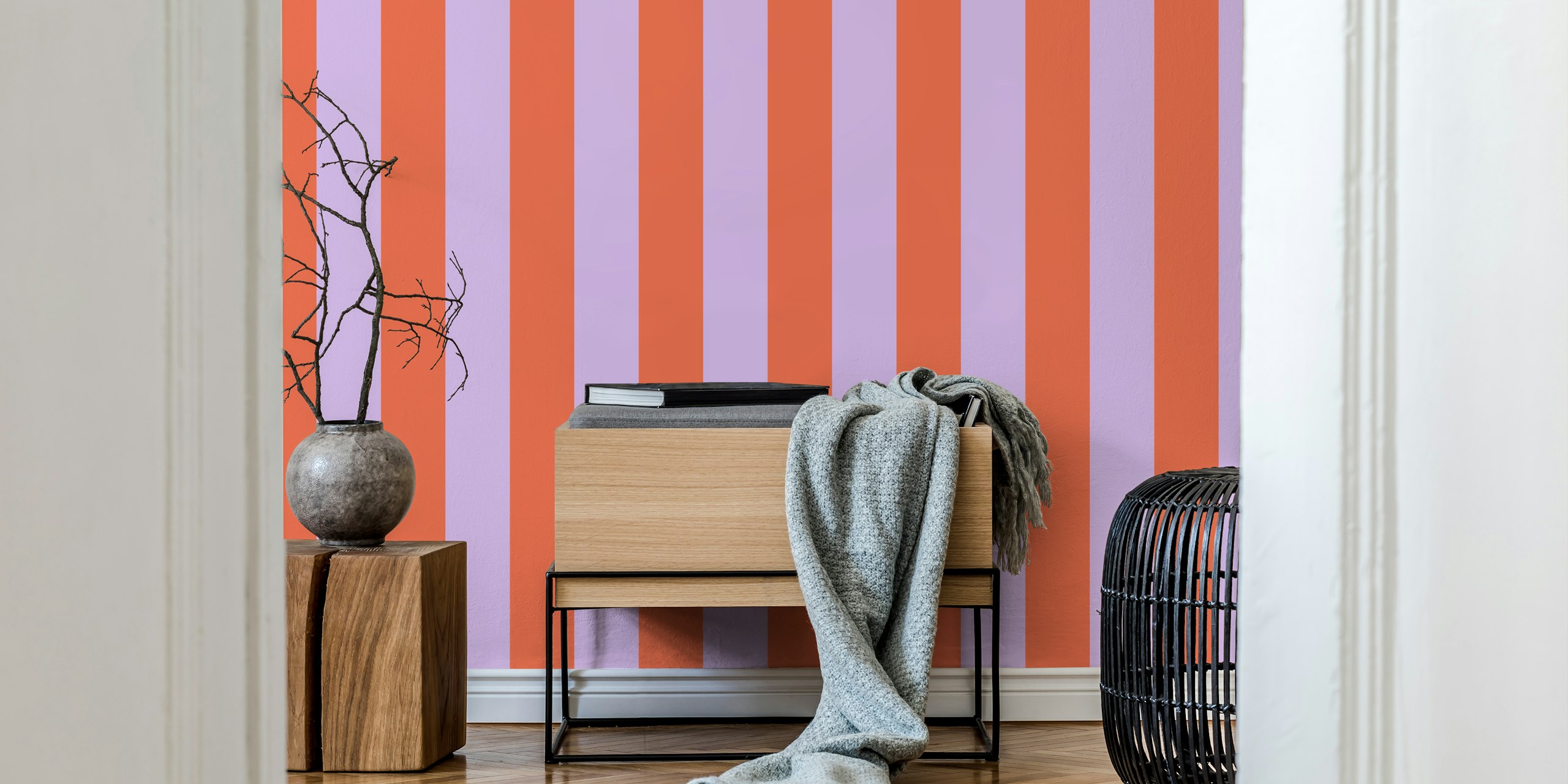 Lilac and red awning stripe wallpaper in a room