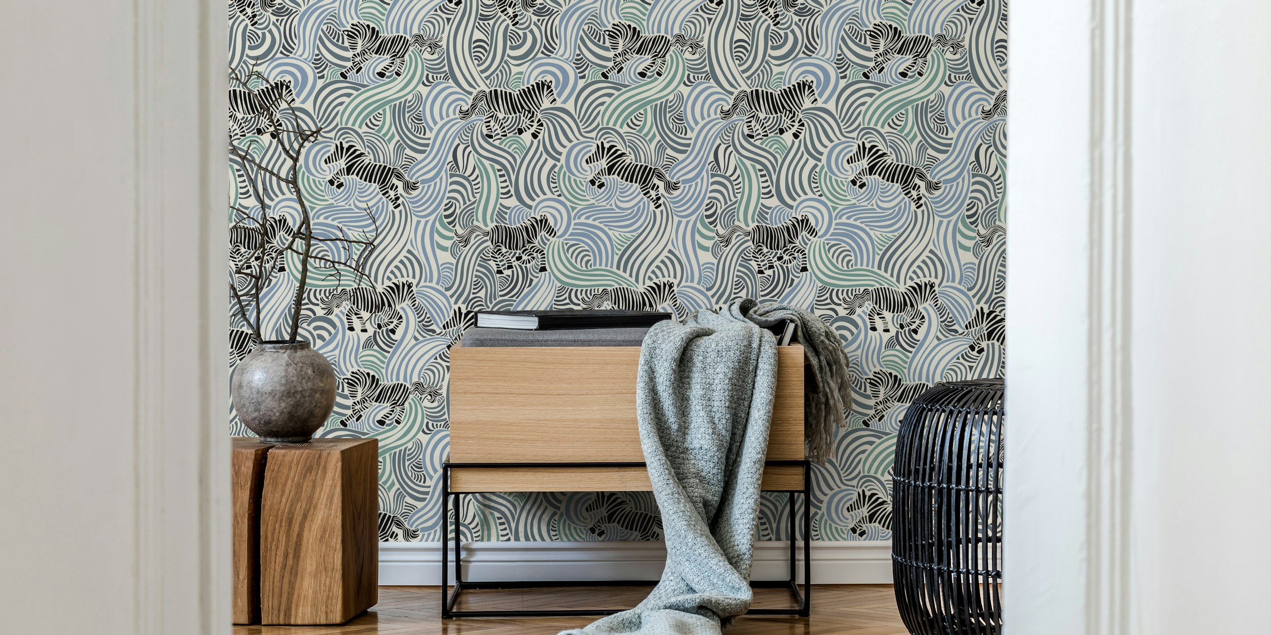 Kidult Zebra animal print denim ταπετσαρία σε ένα δωμάτιο