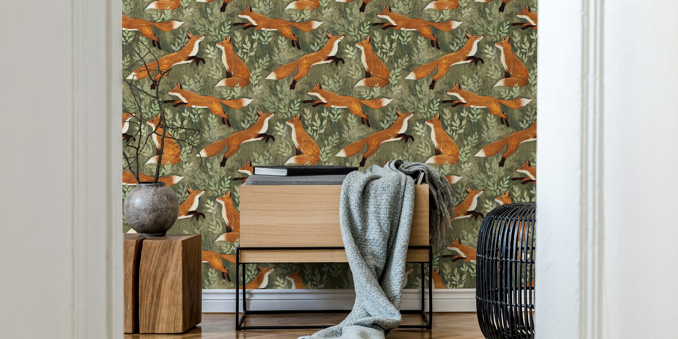 Playful fox wallpaper design in a room