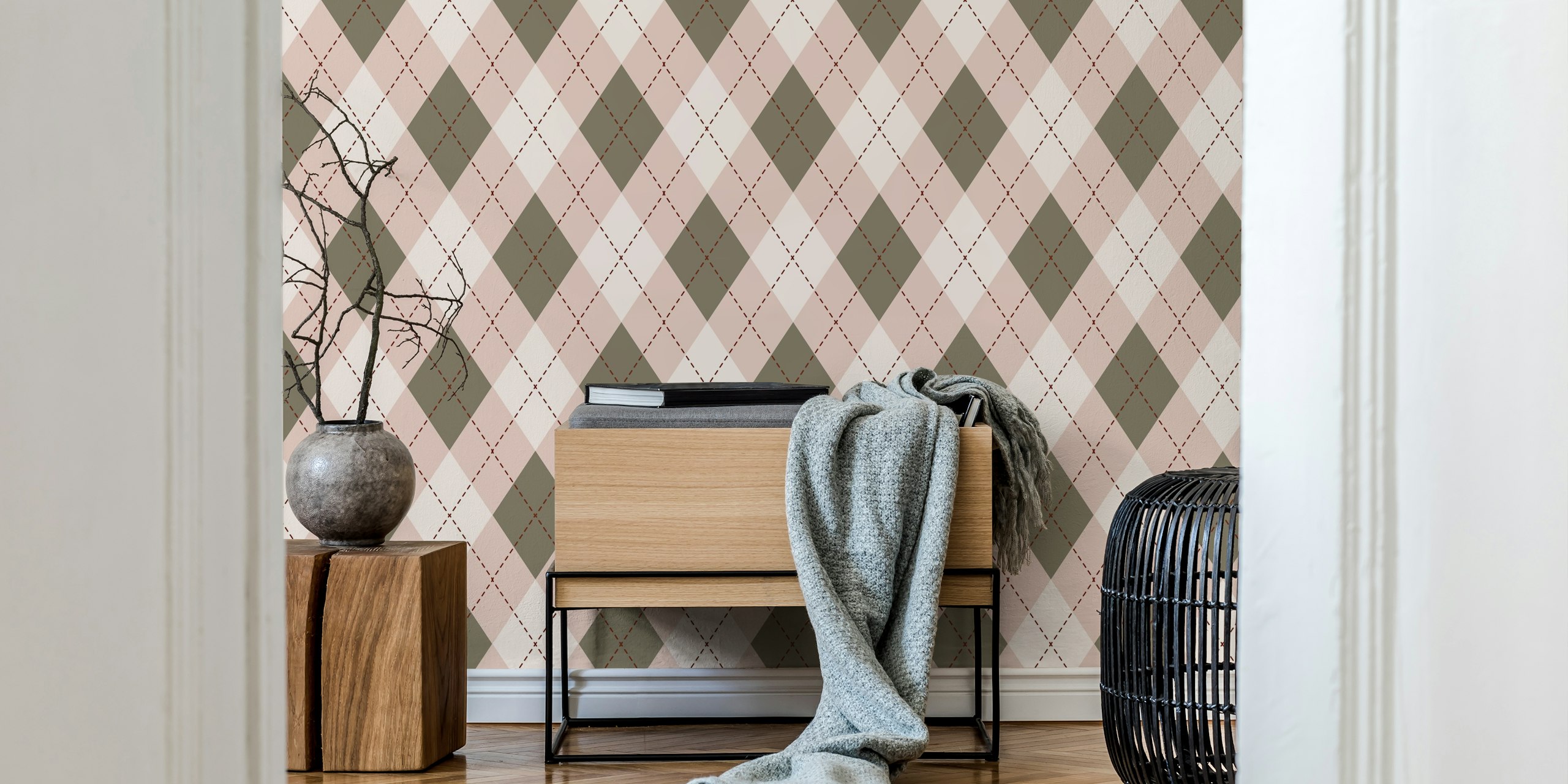 Argyle pattern wallpaper in sage and pink