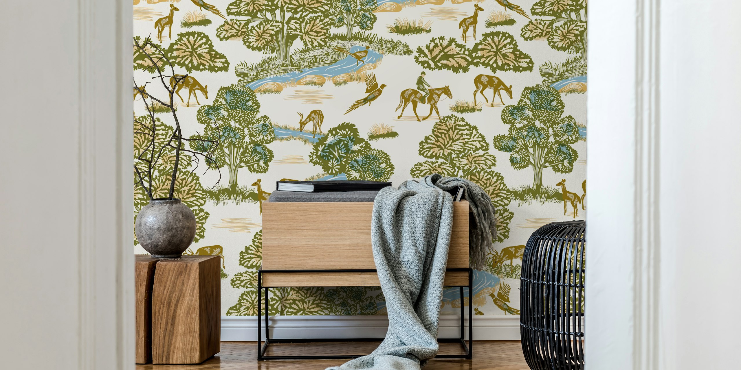 Nature scene wallpaper featuring trees, deer, and a stream in green and beige tones