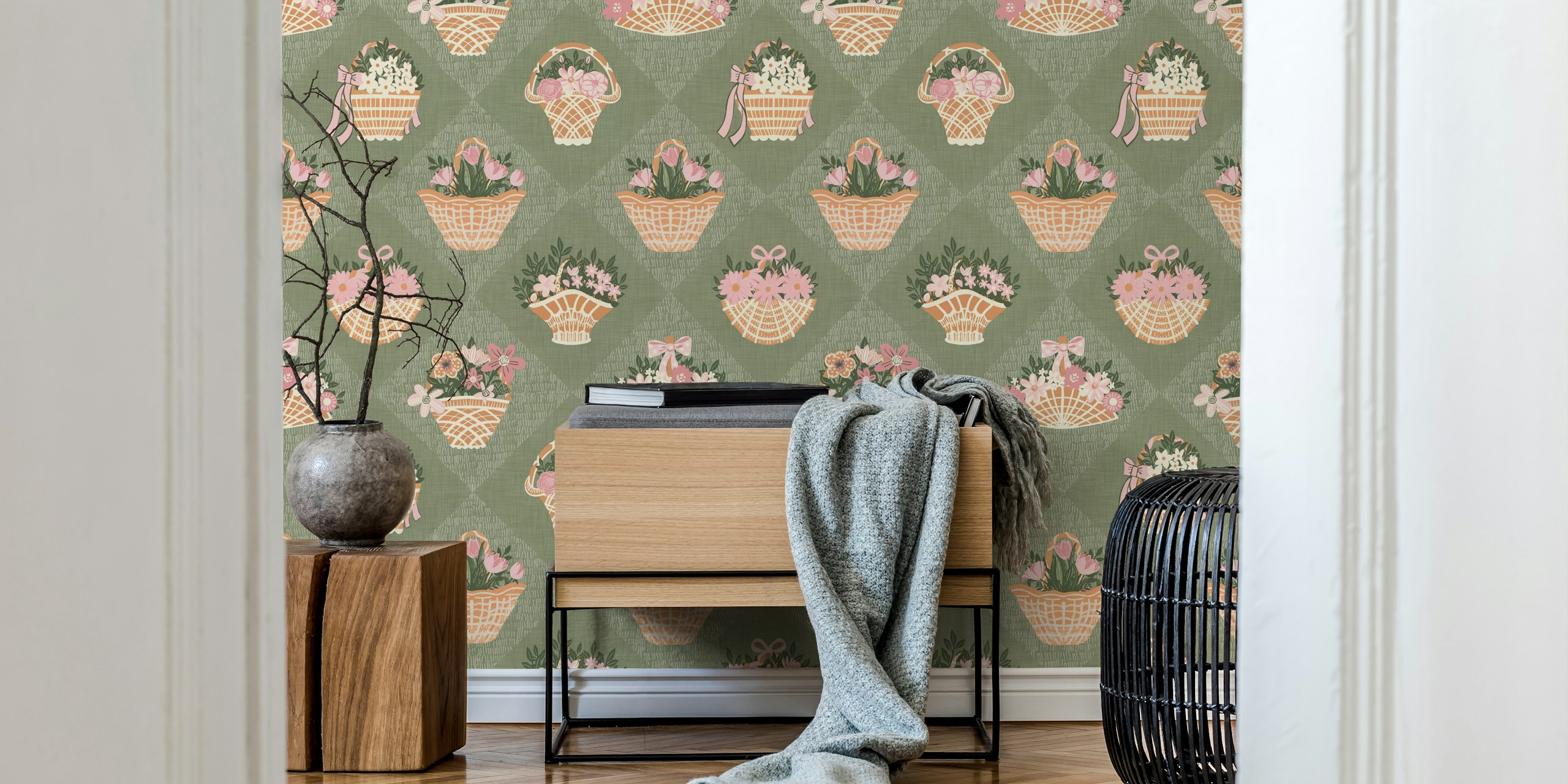 Ταπετσαρία Appliqué Cottagecore Baskets σε δωμάτιο