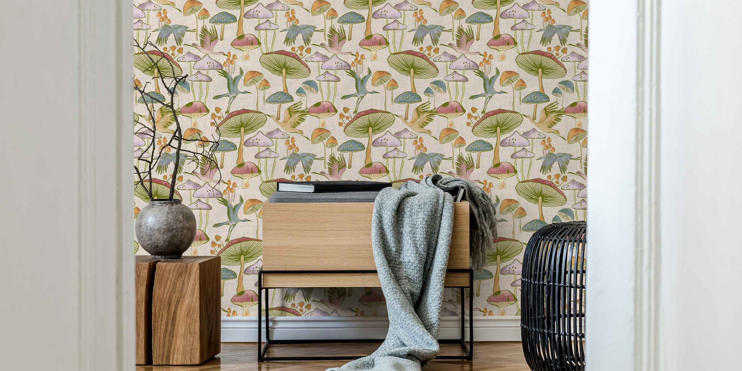 Wallpaper with flying cranes and mushrooms