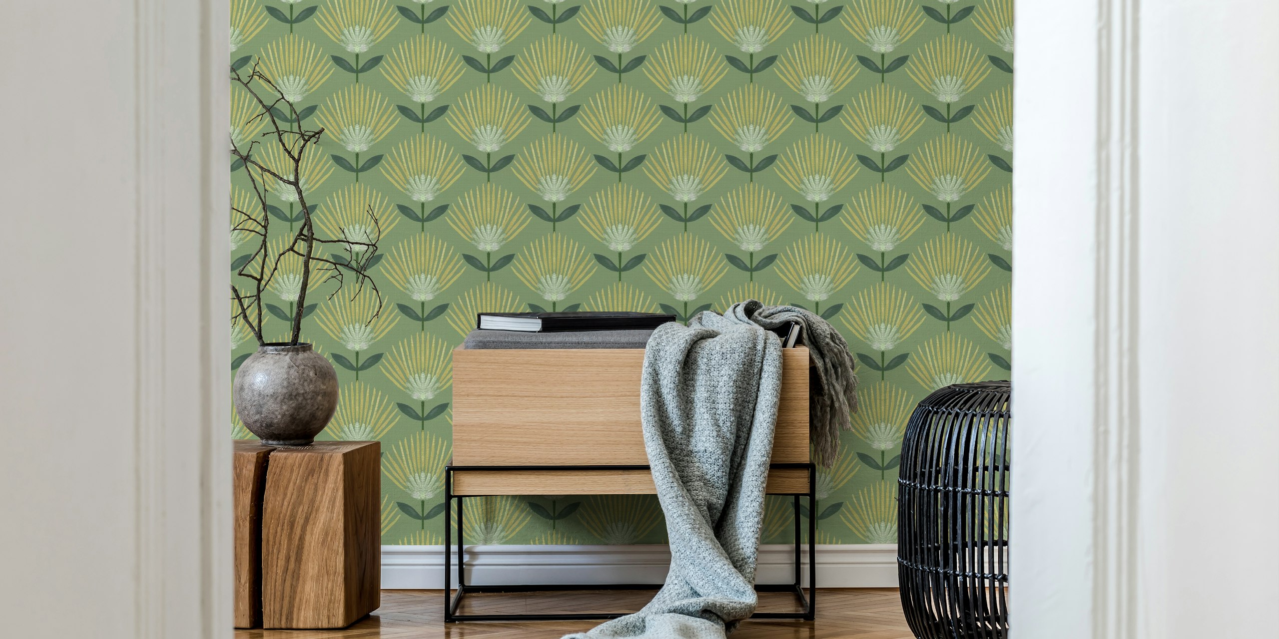 Sage green floral fan pattern wallpaper