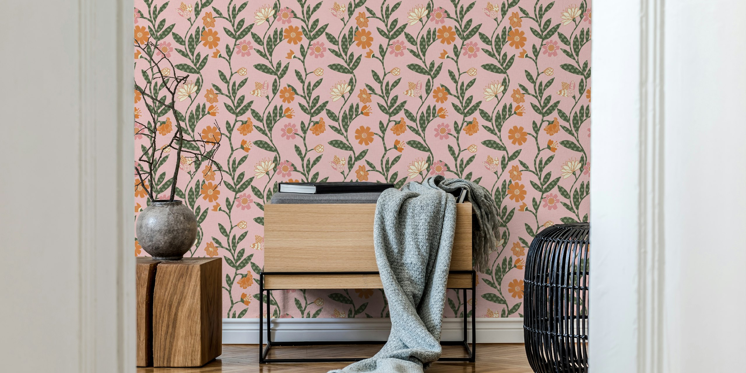 Floral vine wallpaper displayed in a room