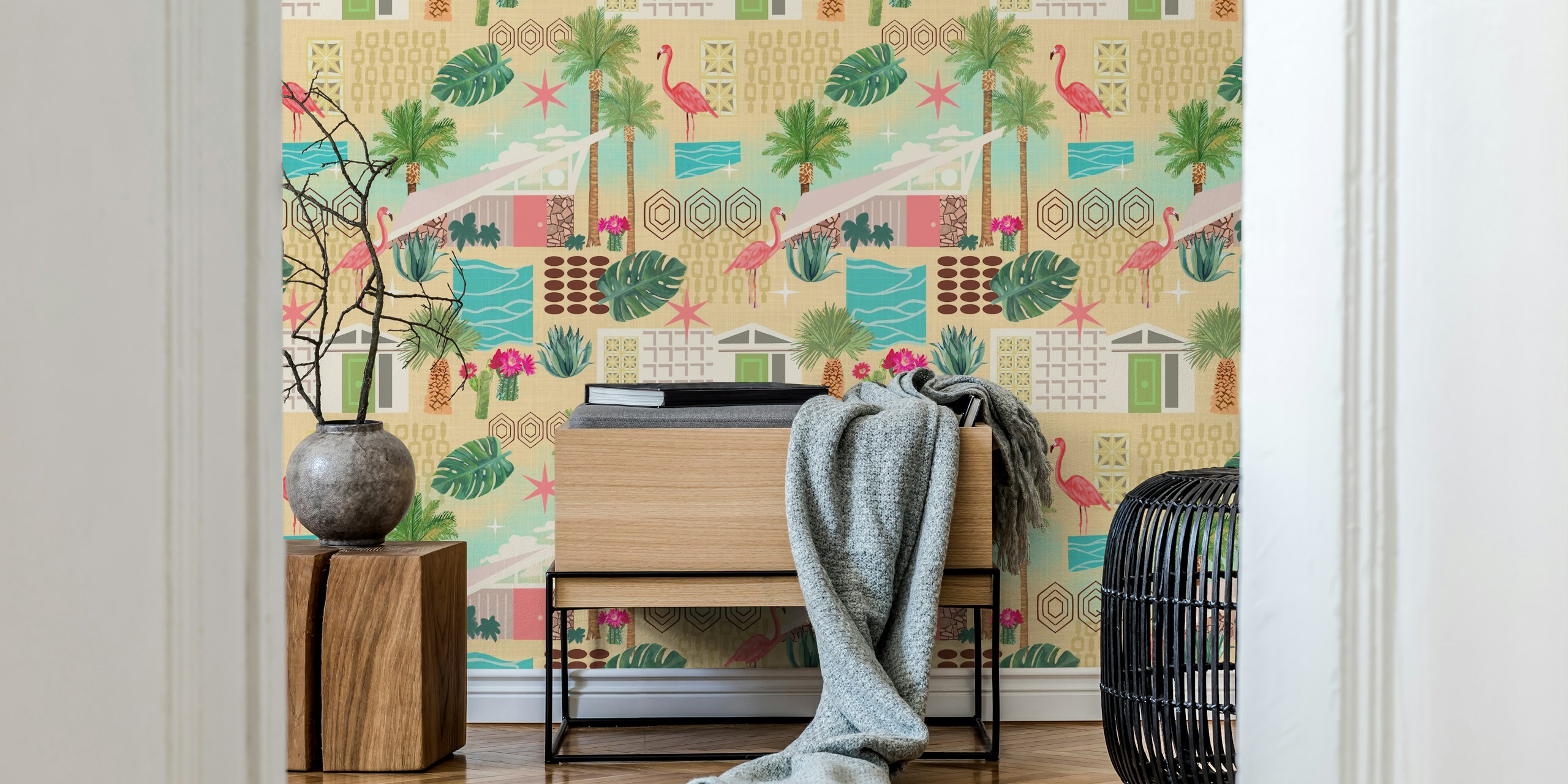 Tropical palm leaves, pink flamingoes, geometric shapes wallpaper