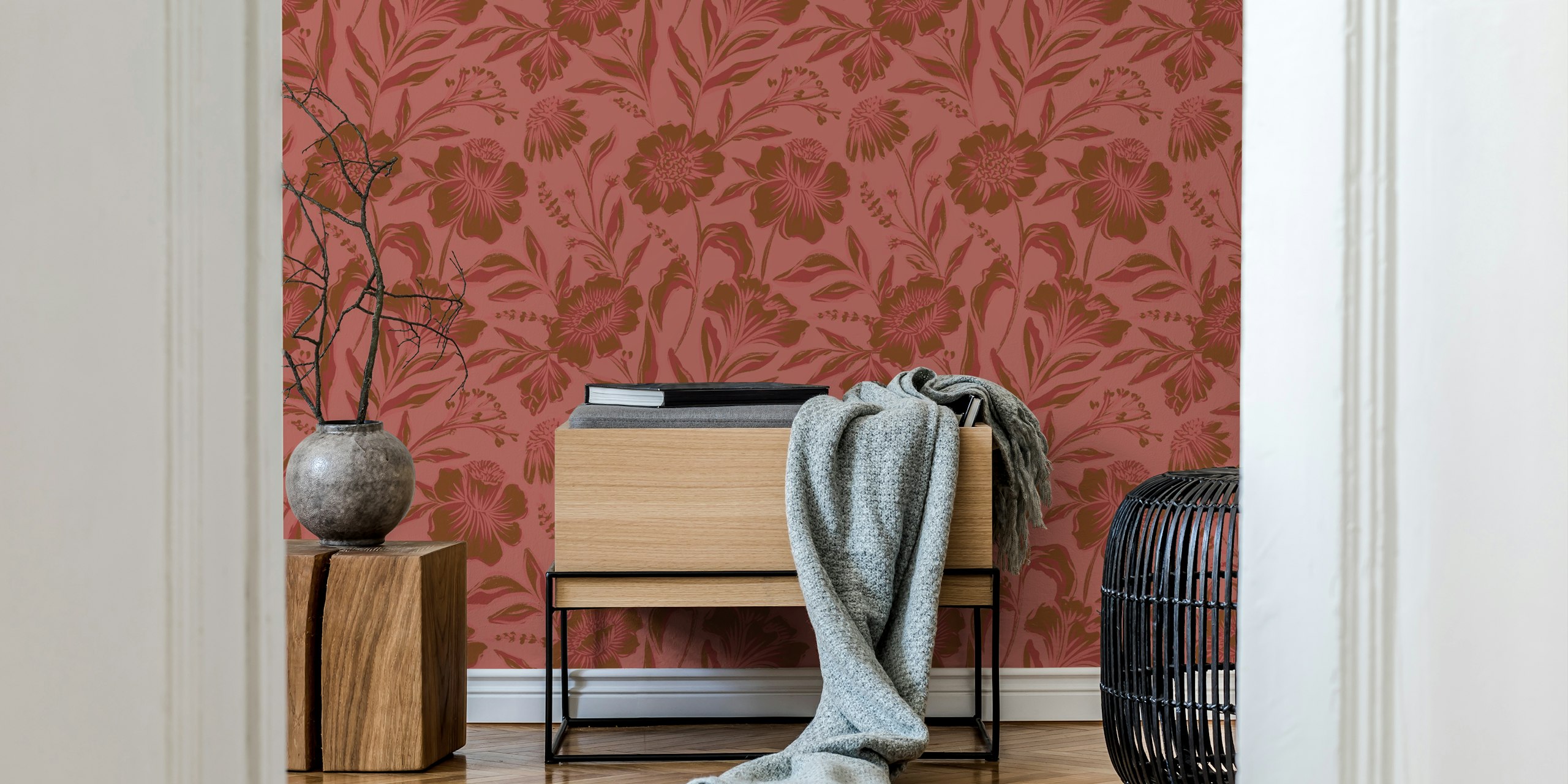 Floral patterns in rusty red with green leaves wallpaper