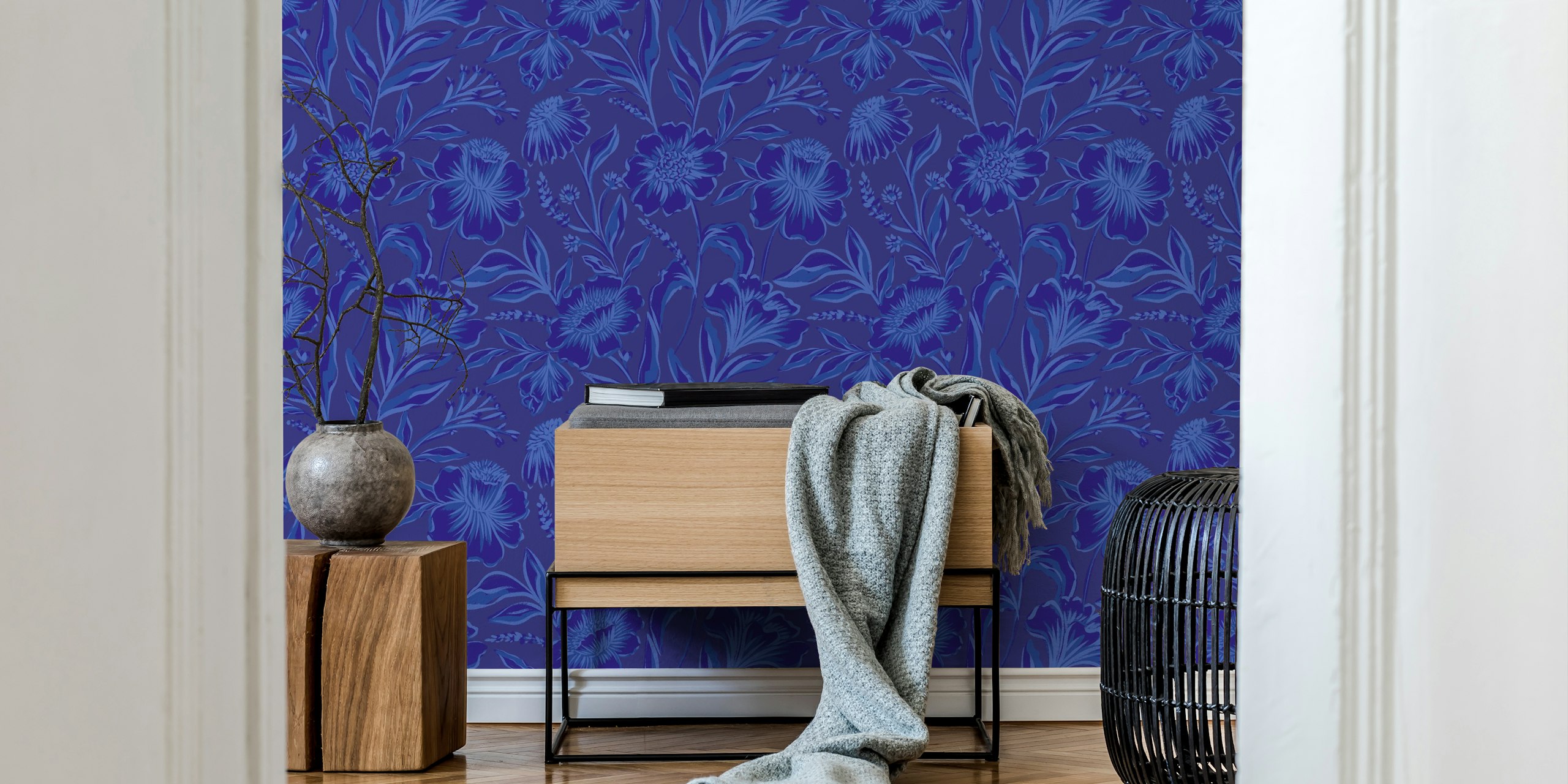 Deep Blue Flower Night wallpaper in a room