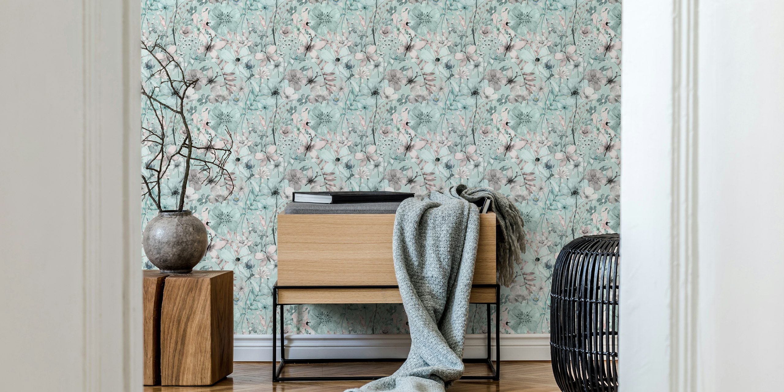 Iced blue flower meadow wallpaper in a room