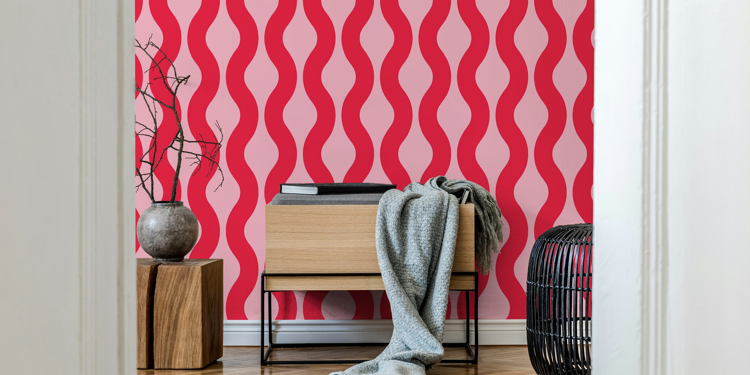 Pink and Crimson Red Modern Waves wallpaper in a room