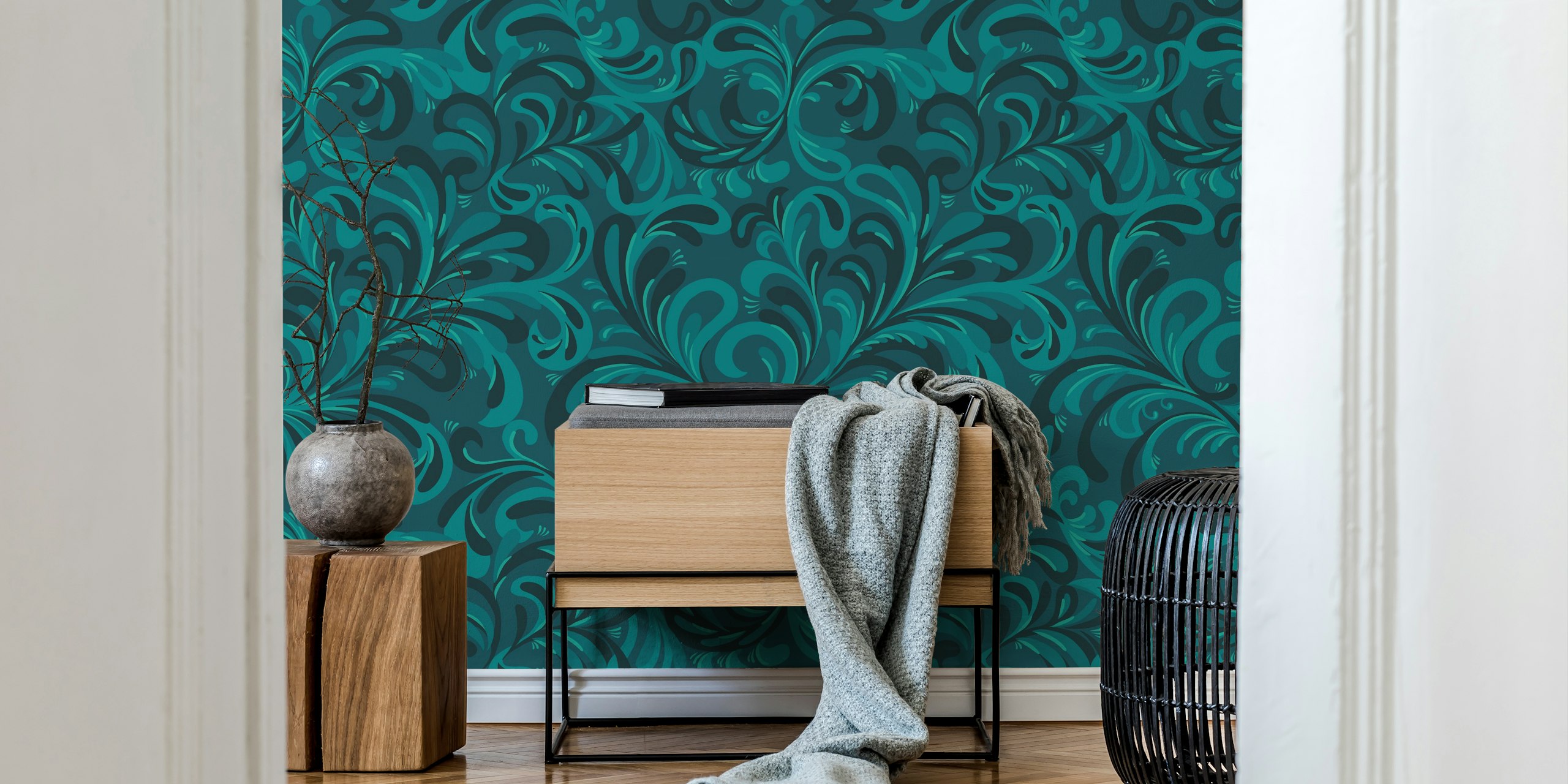 Bohemian jewel flourish monochrome teal Tapete