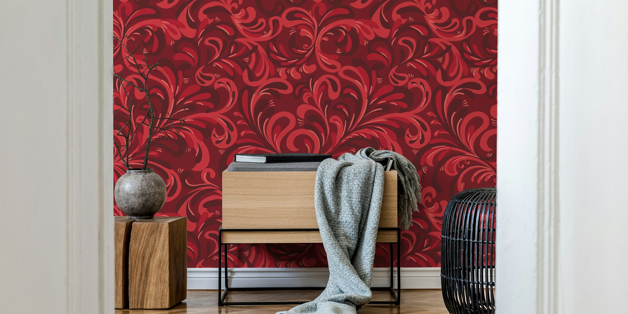 Bohemian jewel flourish rubin red behang in een kamer